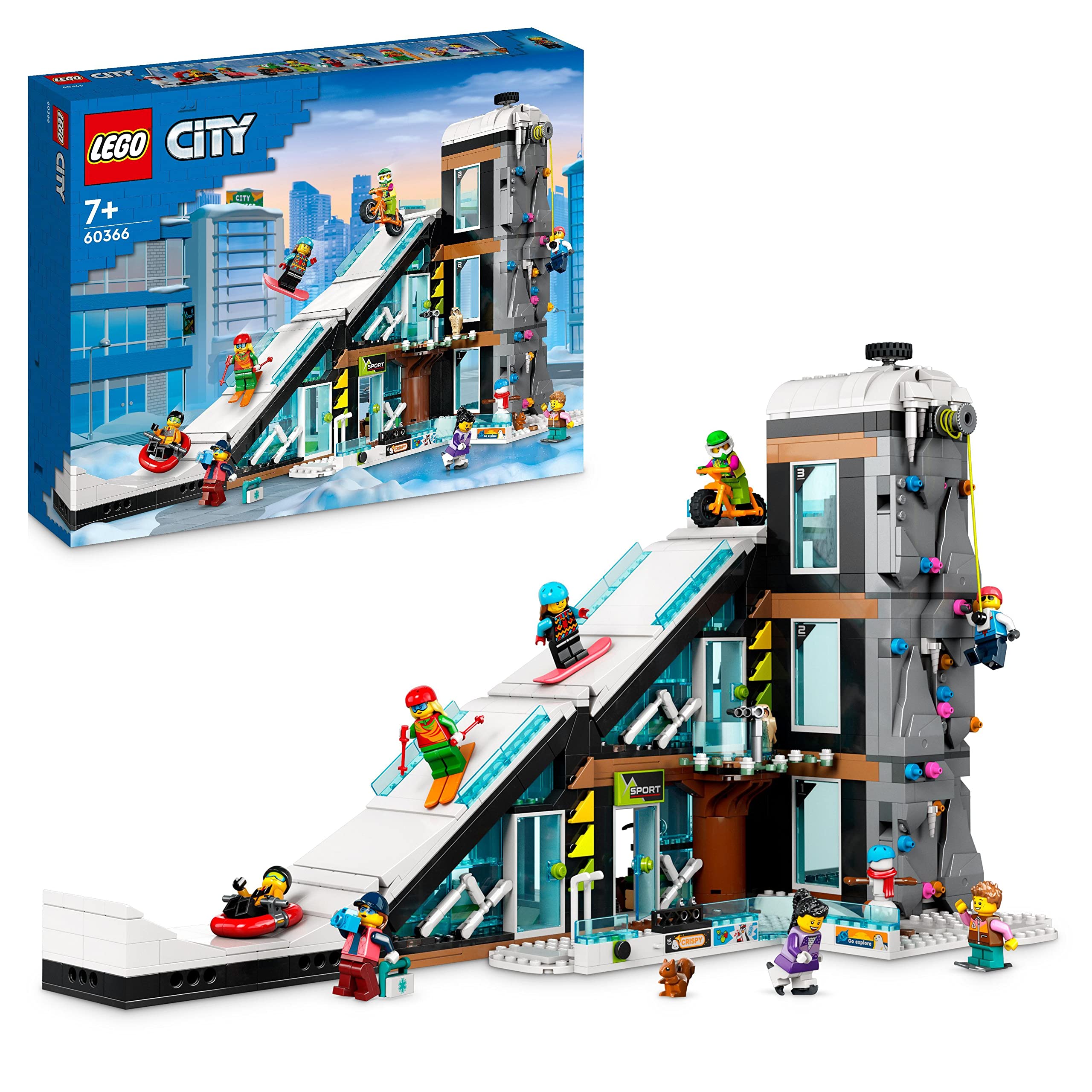 LEGO 60366 City Winter Sports Park, set with winter sports shop, café and a working lift for skiers, toy with 8 minifigures and an owl figure, building with modules, 2023 gift