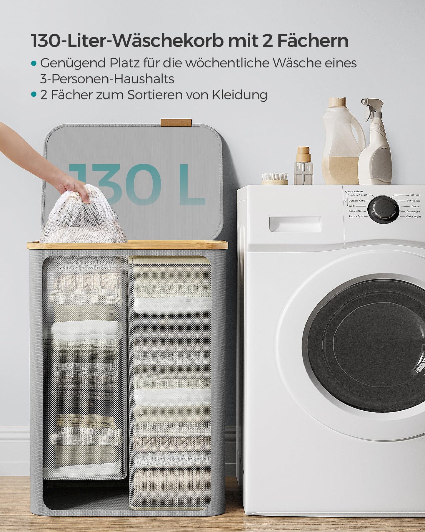 SONGMICS 130L Oxford Fabric Laundry Basket with Lid with 2 Compartments - LCB513G01V1
