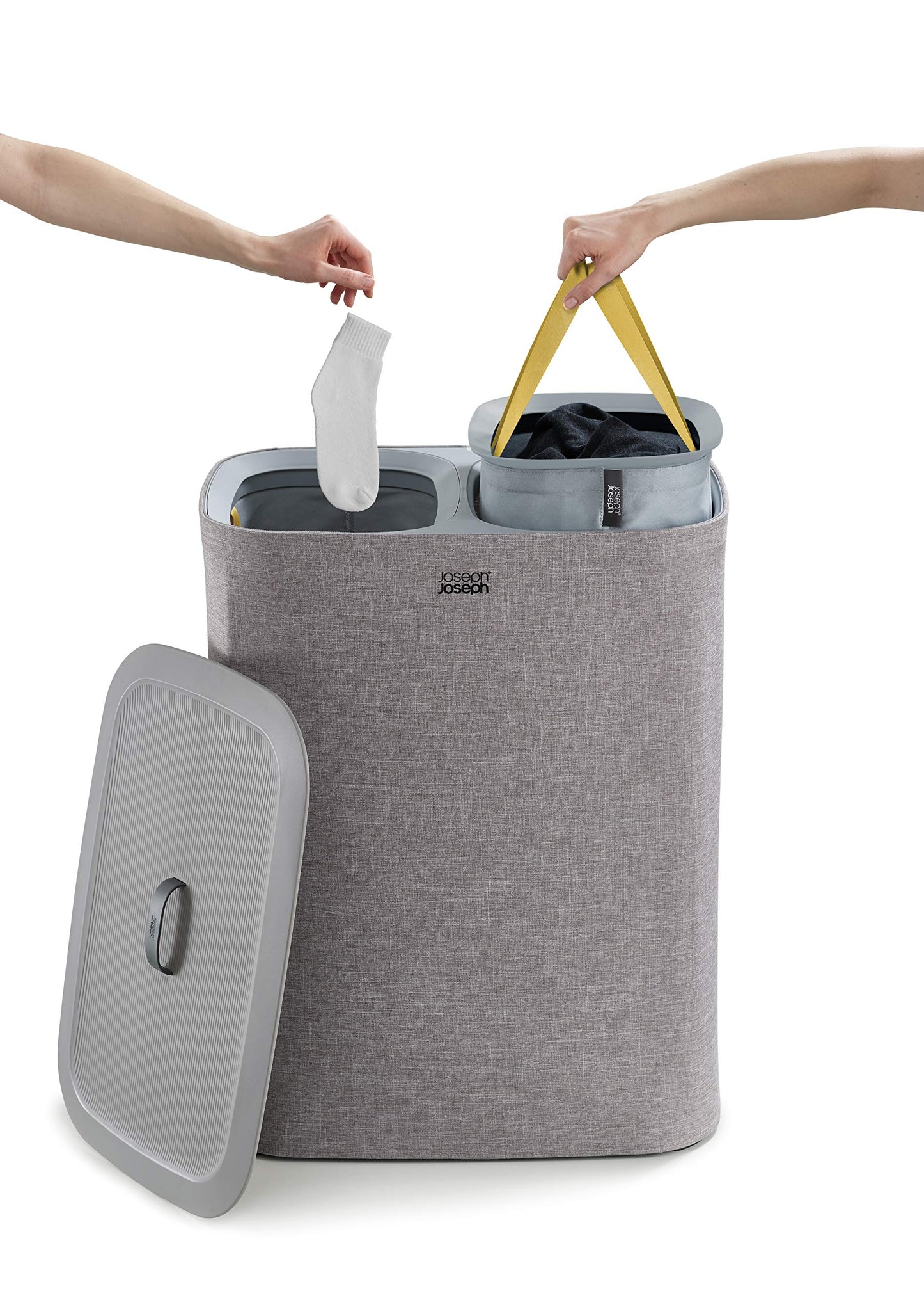 Joseph Joseph Tota - 90L Laundry Hamper with Lid, Separate Compartments with Removable Cotton Bags with Handles for Easy Carrying and Separation of Garments, Gray - 50003