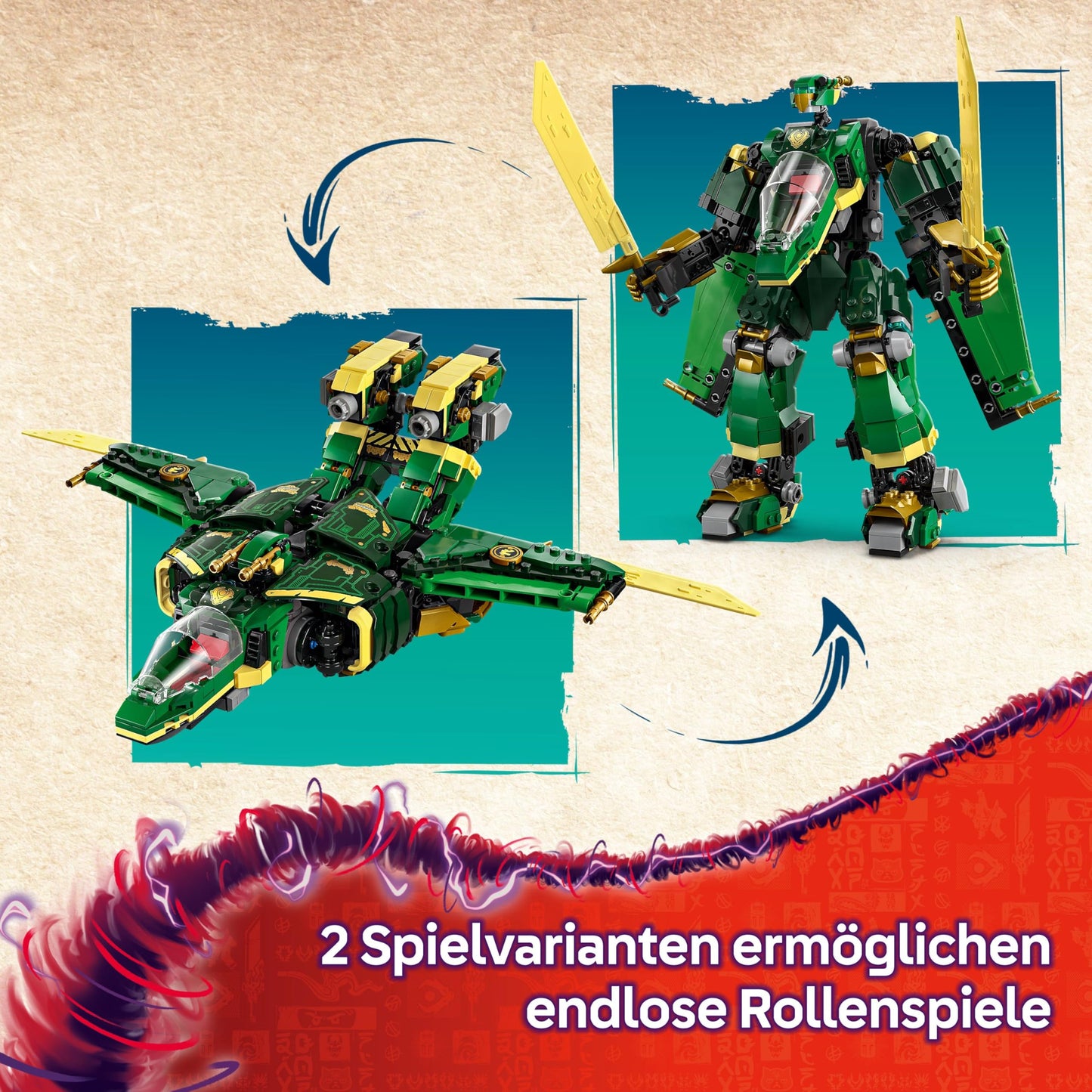 LEGO NINJAGO 2in1 Lloyd's Jet Mech - toy with 5 minifigures, dragon, equipment and flying motorcycle - gift for boys and fans of Rise of the Dragons aged 9 and over 71845