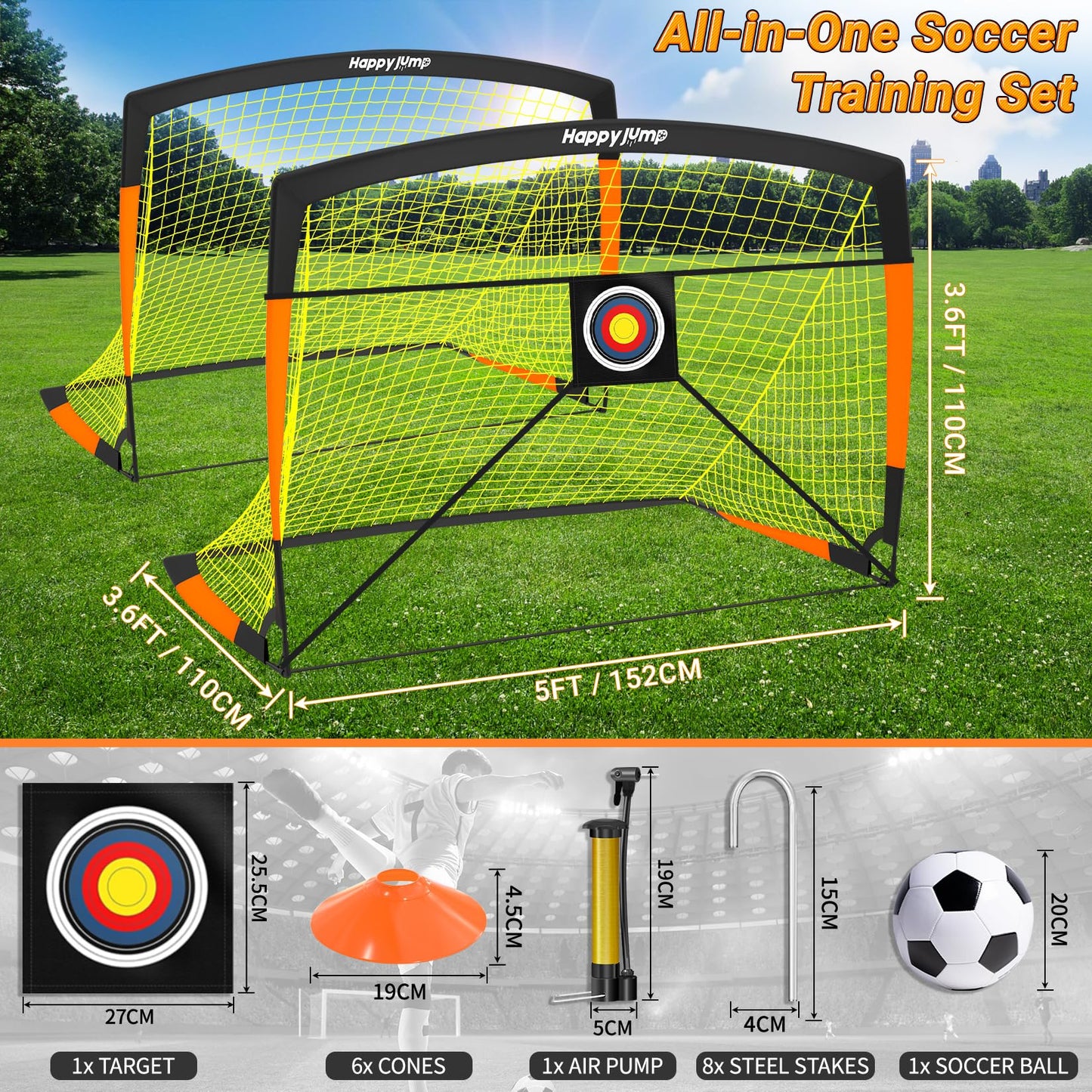 Happy Jump Pop-Up Football Goals - 152x110 cm, 2 goals, black orange with ball, pump, cone & target | Complete training set for garden & family - Z2500700BQ1