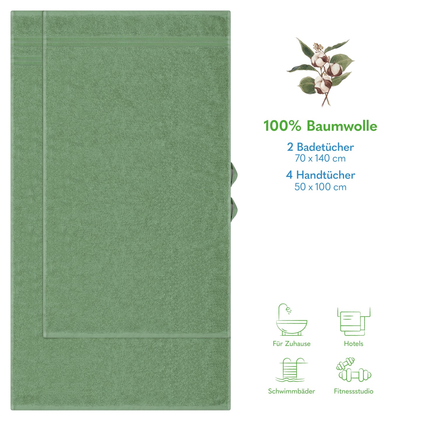 Hammetex set of 6 towels - 2 bath towels 70x140 cm & 4 hand towels 50x100 cm - 100% cotton terry - Oeko-TEX certified - soft, absorbent - with hangers, sage green - RN71