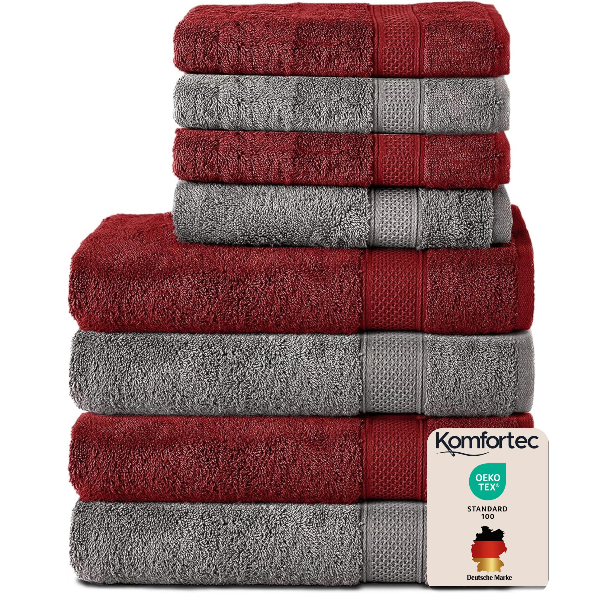 Set 8 prosoape Komfortec, 4 prosoape de baie 70x140 cm și 4 prosoape de mâini 50x100 cm, frotir 100% bumbac, pufos și absorbant, gri antracit/roșu aurora - 4buc-50x100-și-4buc-70x140-antr-roșu