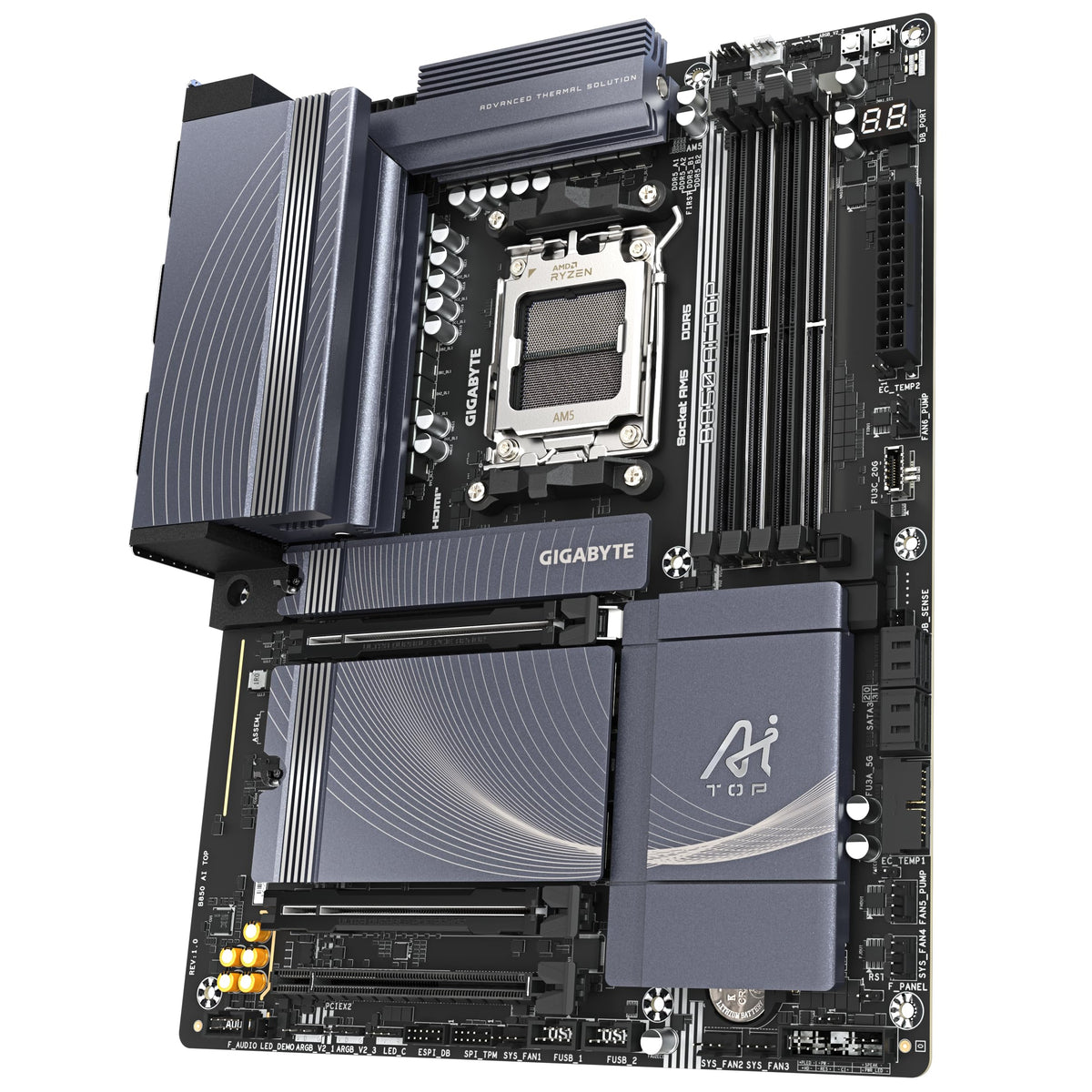 GIGABYTE B850 AI TOP Motherboard - Compatible with AMD Ryzen 9000 Series CPUs, featuring a 16+2+2 Phase Digital VRM, supports up to 8600MHz DDR5 (OC), 2xPCIe 5.0 + 1xPCIe 4.0 M.2, 10 GbE LAN, WiFi 7, USB 3.2 Gen 2x2.