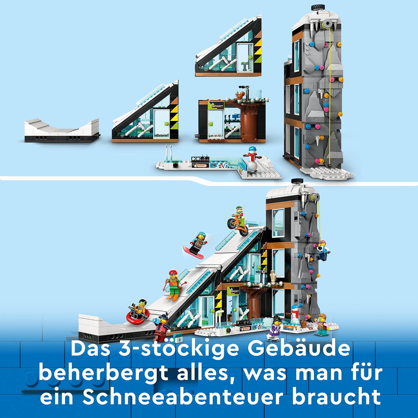 LEGO 60366 City Winter Sports Park, set with winter sports shop, café and a working lift for skiers, toy with 8 minifigures and an owl figure, building with modules, 2023 gift