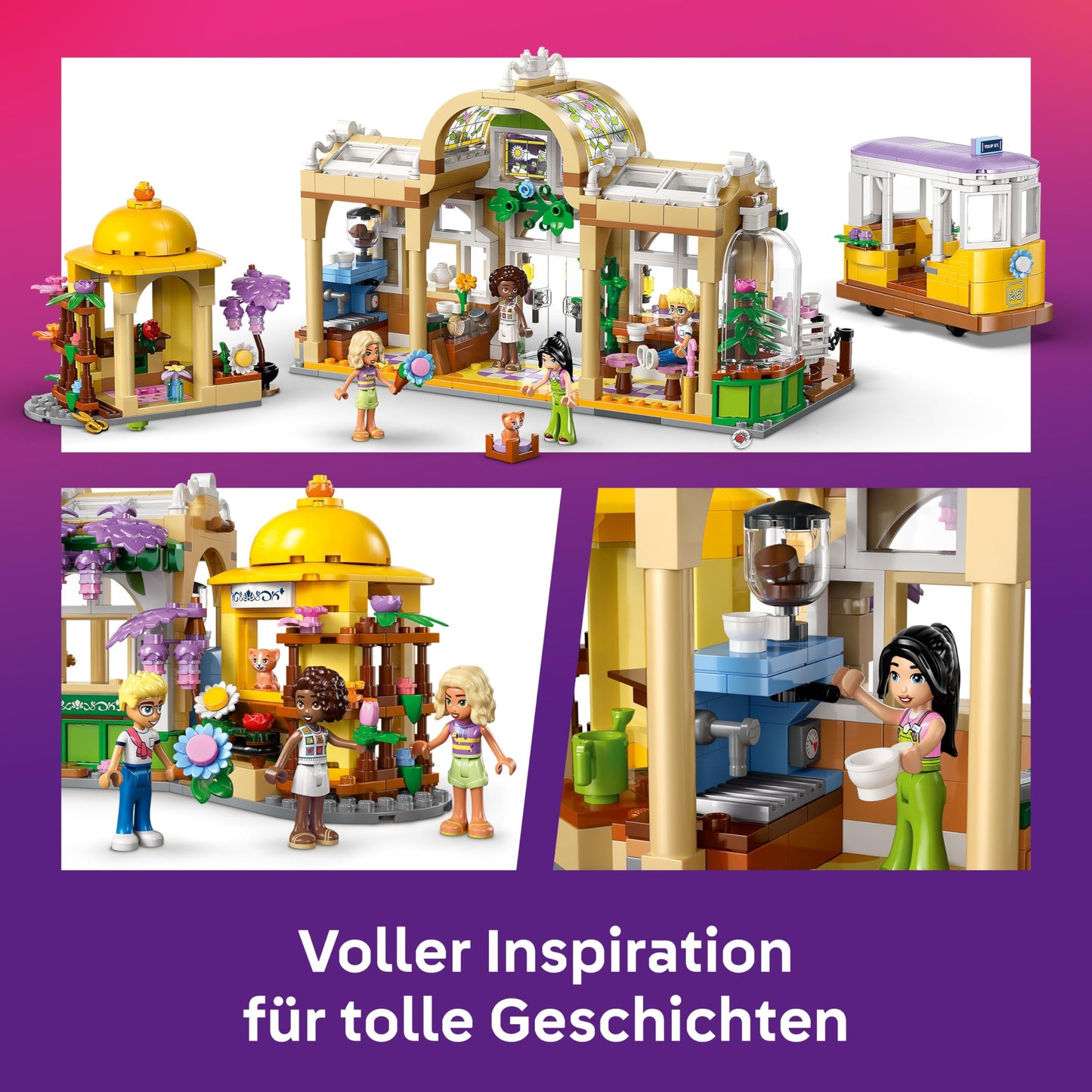 LEGO Friends plant cafe and flower kiosk - toy with 4 minifigures, 1 cat figure, tram and kitchen accessories - pastries, cups and teapot - birthday gift for girls aged 9 and over - 42671