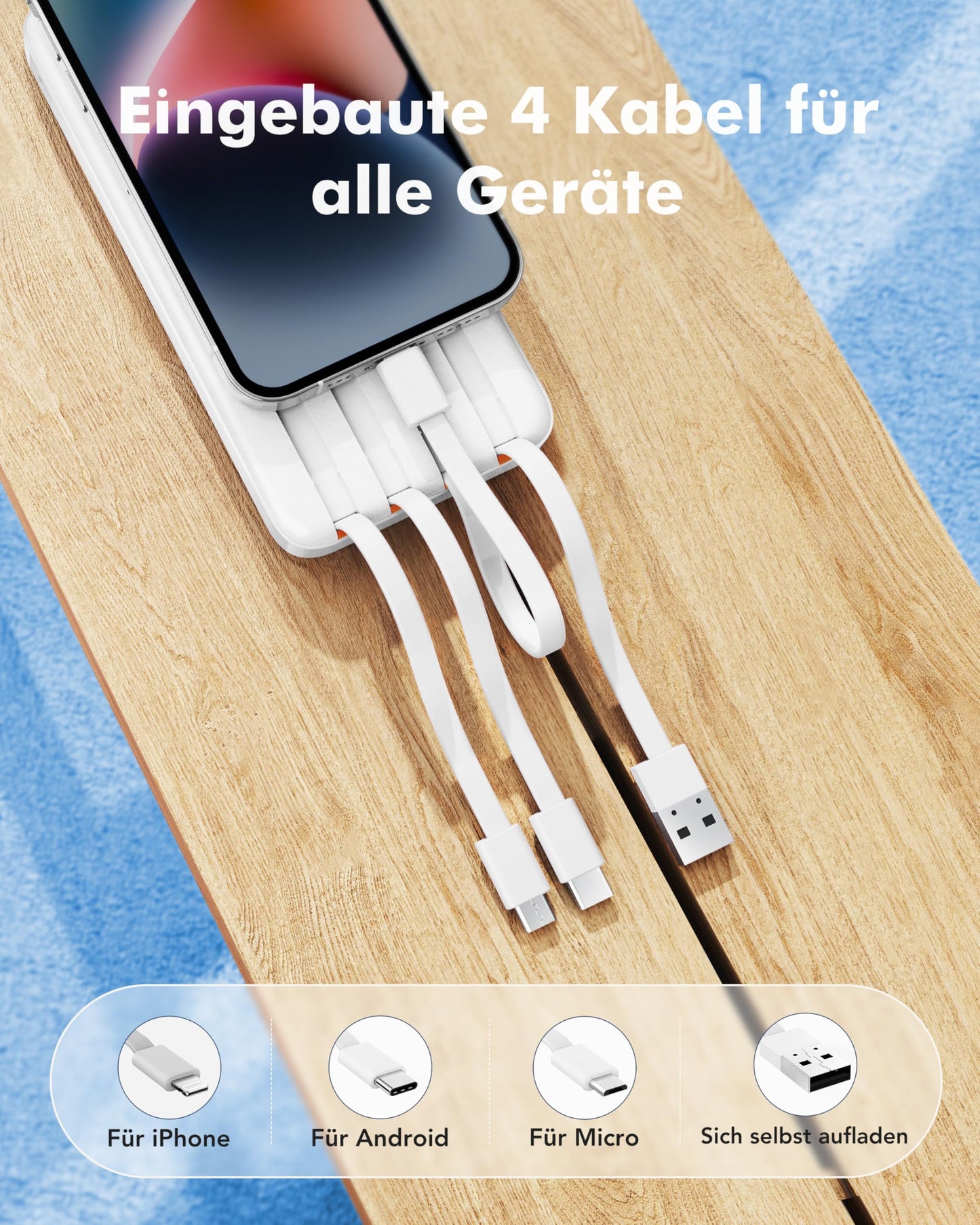 Charmast power bank, 22.5W power bank 20000mAh with 4 cables-white - C2065