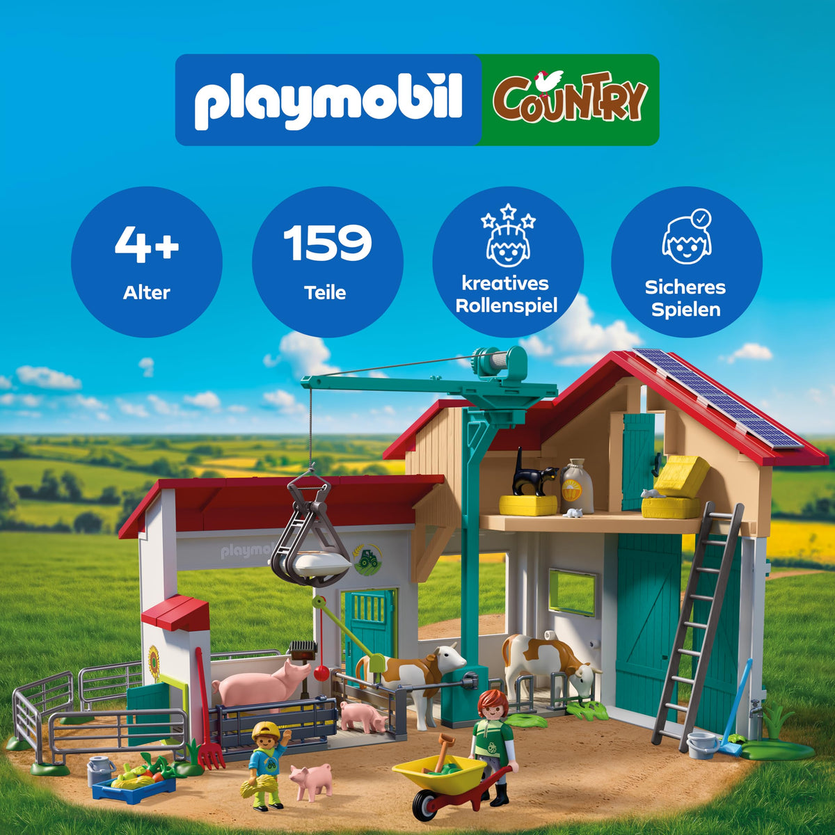 PLAYMOBIL | Țară | Ferma mare | Set de joacă cu macara, grajduri, multe animale și accesorii variate | Pentru copii de la 4 ani | 72160