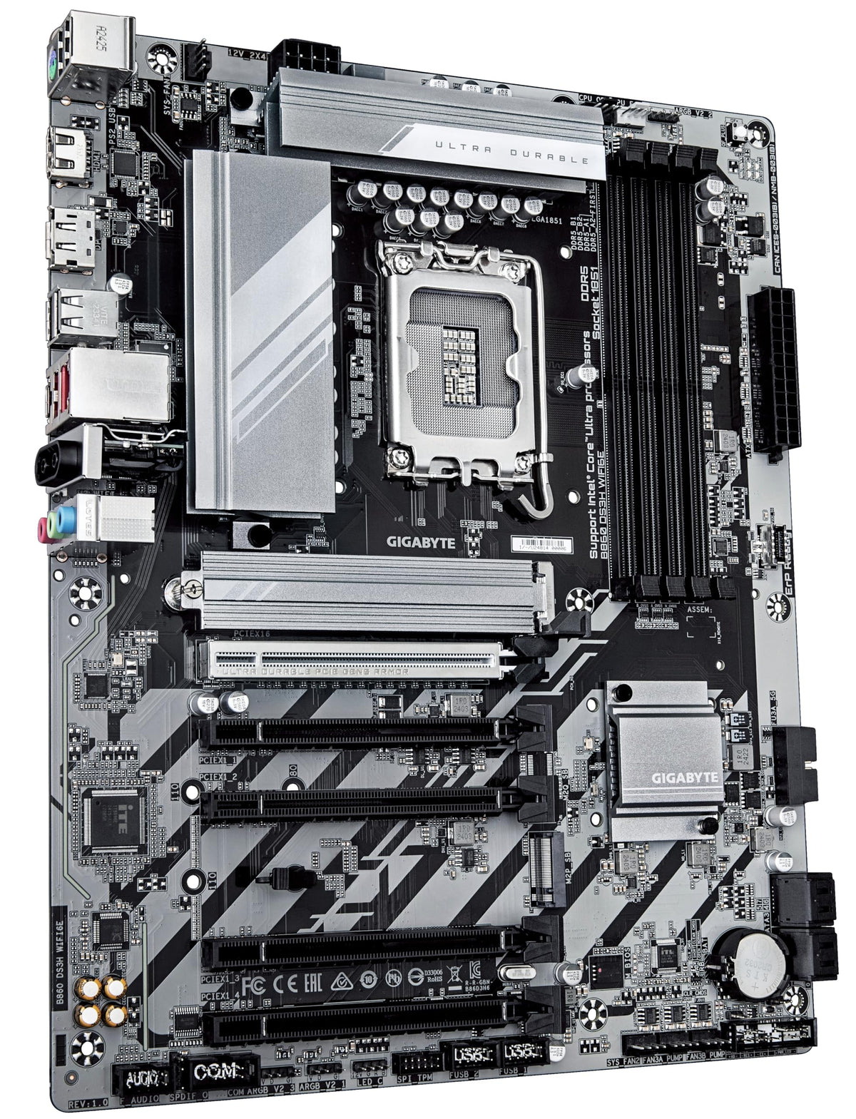 Placa de bază GIGABYTE B860 DS3H WIFI6E - procesoare Intel Core Ultra, VRM cu 8+1+2+2 faze, suport pentru DDR5 de până la 9066MHz, 1xPCIe 5.0 + 1xPCIe 4.0 M.2, LAN 2,5 GbE, WiFi 6E, USB 3.2 Gen 2x2