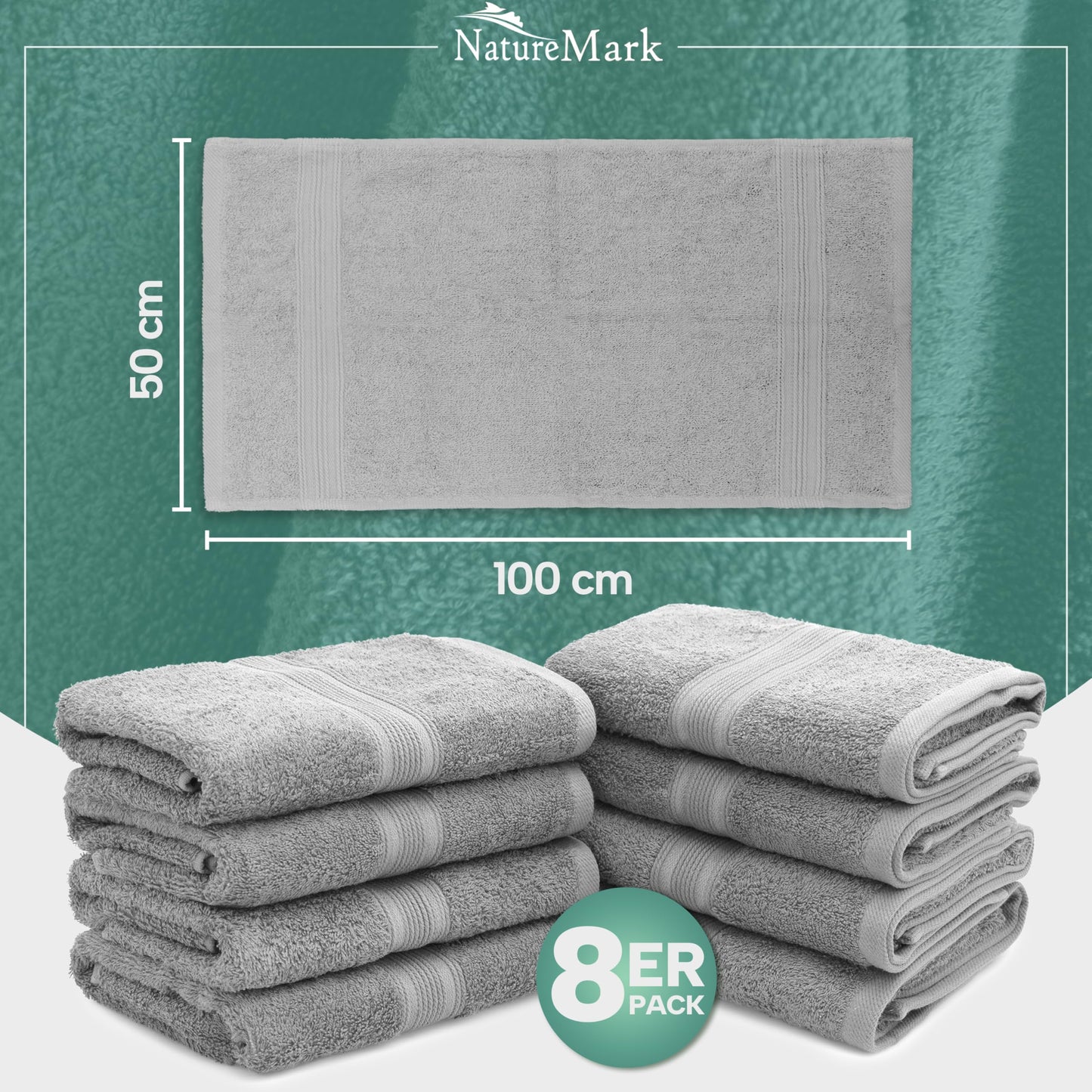 NatureMark 8 towel set - 100% cotton - absorbent and durable towels, size 50×100cm, silver gray - 8er_silber
