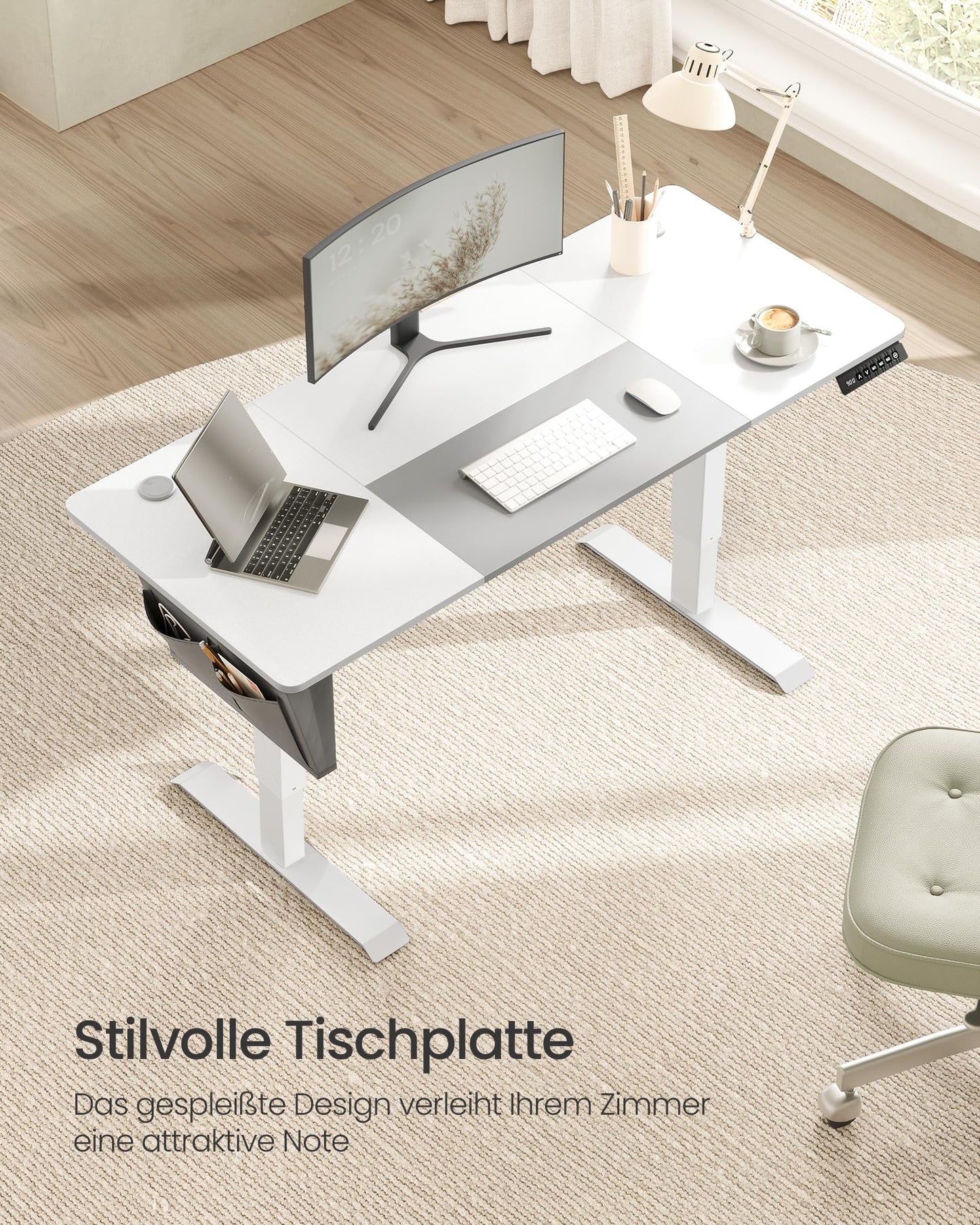 SONGMICS Electric height-adjustable desk, 140 x 60 cm, continuously adjustable, memory function with 4 heights, cloud white-dove gray LSD016W02