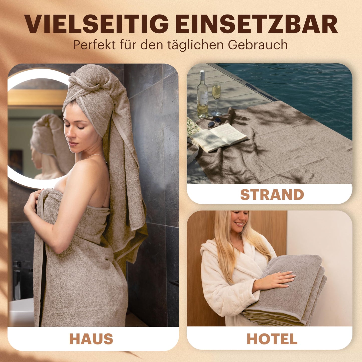 NatureMark 4-piece shower towel set - soft and absorbent shower towels made from 100% cotton, suitable for everyday use - sand/beige, 70x140 cm - 4251590100090