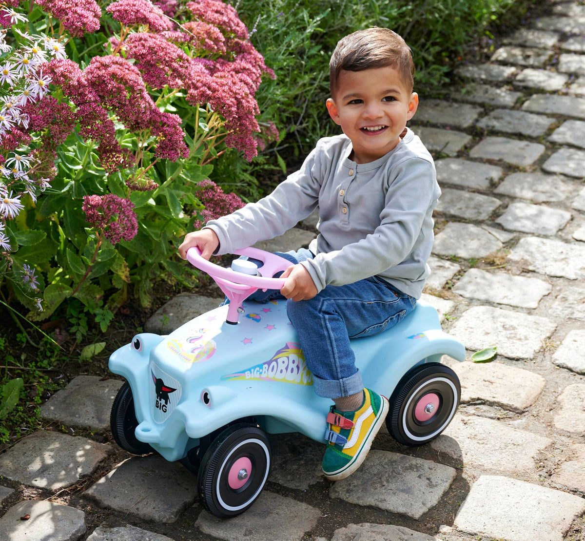 BIG-Bobby-Car-Classic Unicorn - Children's vehicle with unicorn design stickers, suitable for boys and girls, load capacity up to 50 kg, ride-on toy for kids aged 1 and up, Light Blue - 800056138