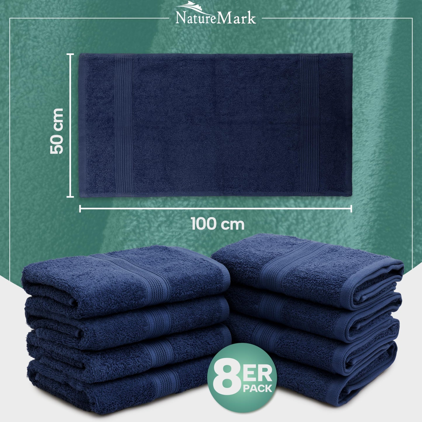 NatureMark 8 towel set - 100% cotton - absorbent and durable towels, size 50×100cm, navy blue - NM-HT0854