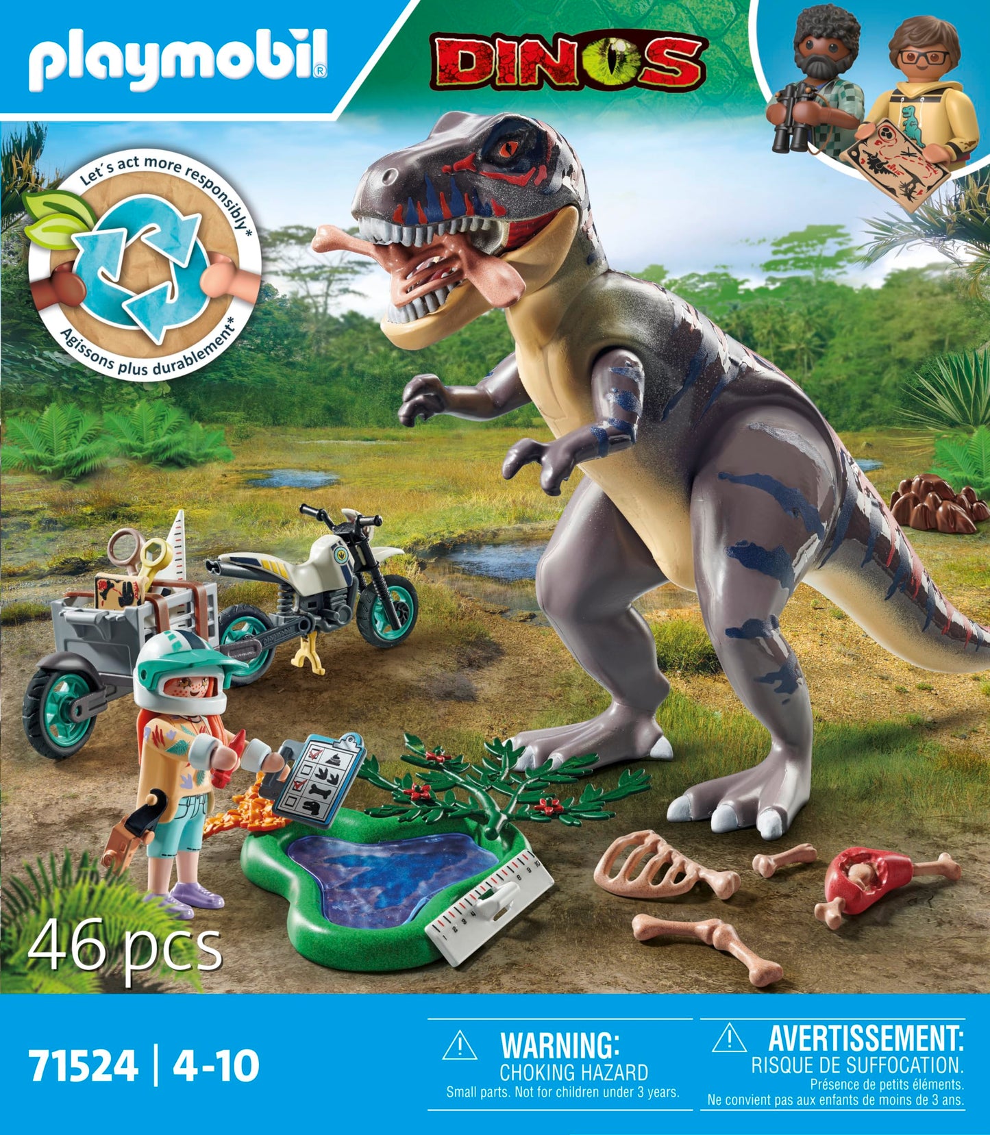 PLAYMOBIL Dinos 71524 T-Rex Tracking, exciting search for the Tyrannosaurus Rex, with motorcycle, camera and real dinosaur bones, sustainable toy for children aged 4 and over