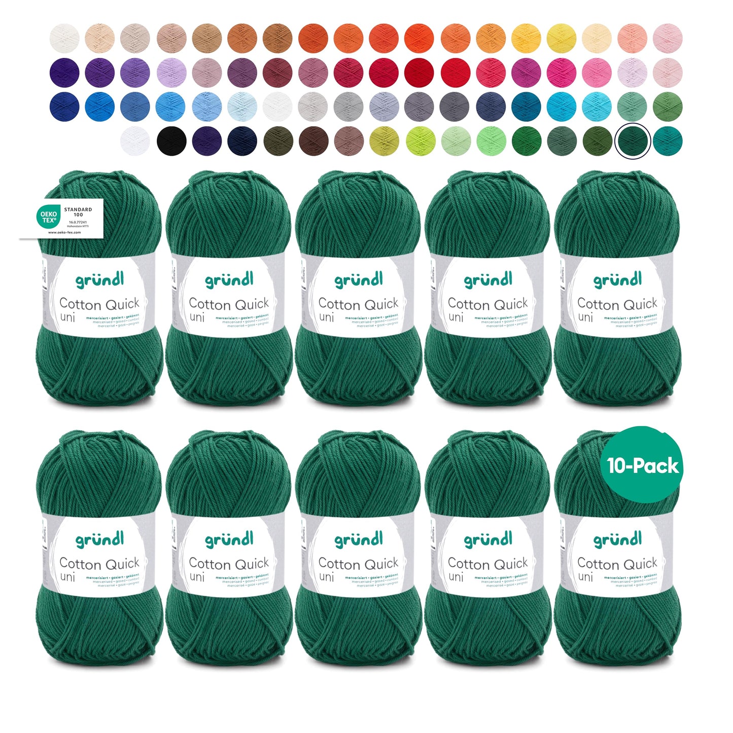 Gründl Wolle Cotton Quick uni - thin wool for crocheting - knitting yarn - crochet yarn - shiny and skin-friendly - 100% cotton - 10 balls 50 g / 125 m - needle size 3-4 - fir green - 865-169