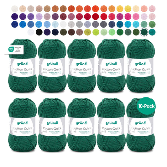 Gründl Wolle Cotton Quick uni - thin wool for crocheting - knitting yarn - crochet yarn - shiny and skin-friendly - 100% cotton - 10 balls 50 g / 125 m - needle size 3-4 - fir green - 865-169