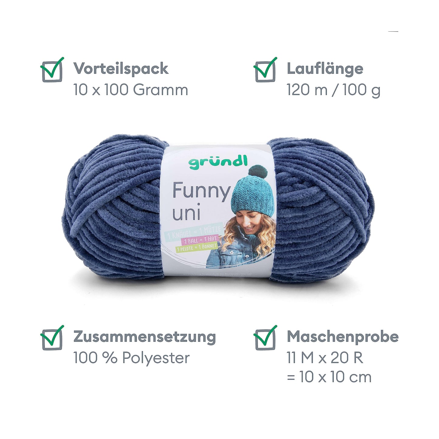 Gründl Wolle Funny uni - soft chenille wool for crocheting - cuddly and skin-friendly - 100% polyester - 10 balls 100 g / 120 m - needle size 5-6, jeans - 3442-30