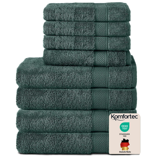 Set 8 prosoape Komfortec, 4 prosoape de baie 70x140 cm și 4 prosoape de mâini 50x100 cm, 100% bumbac tip frotir, pufoase și absorbante, verde închis - 4er-50x100-und-4er-70x140-dunkelgrun-amz