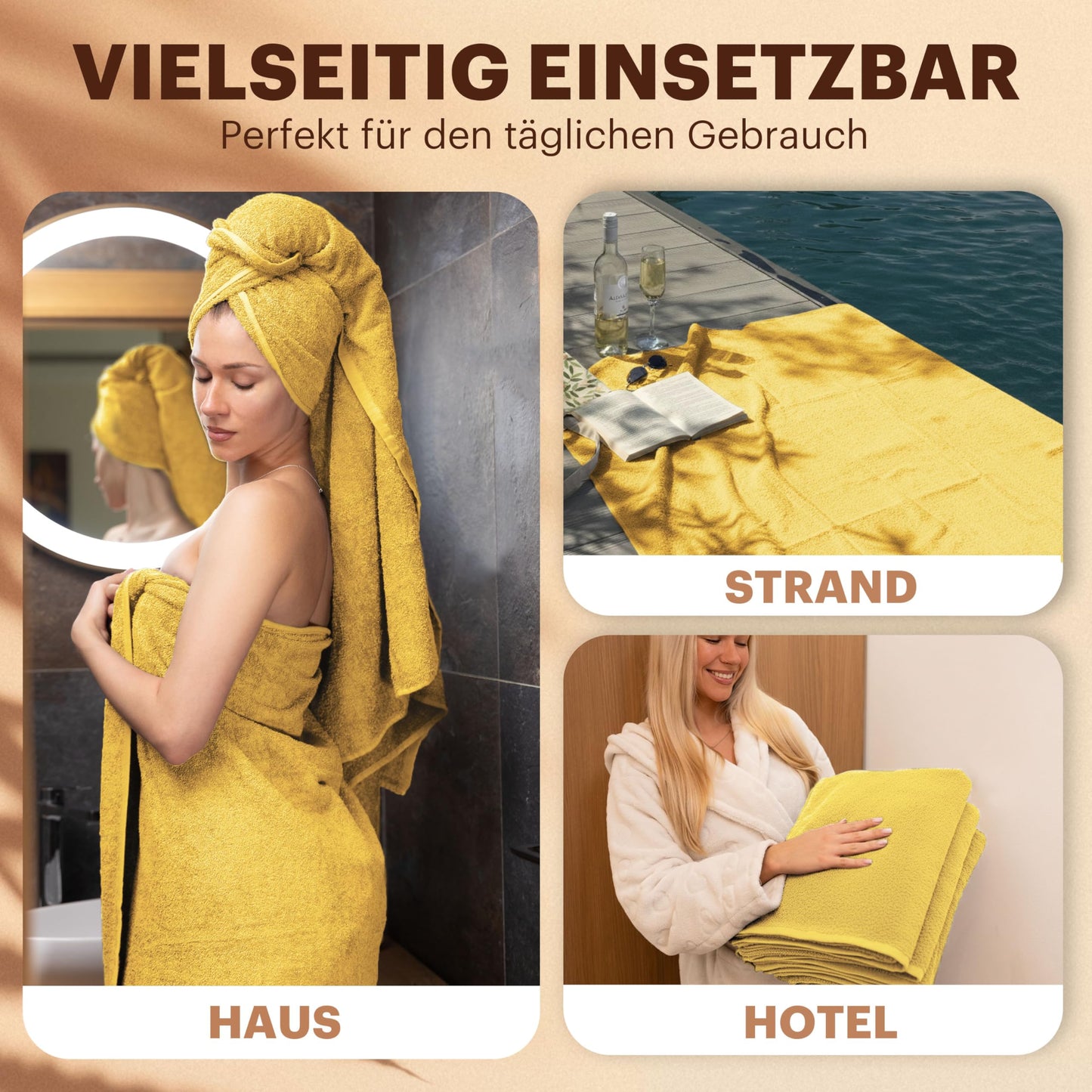 NatureMark 4-piece shower towel set - soft and absorbent shower towels made from 100% cotton, suitable for everyday use - yellow, 70x140 cm - NM-HT0724