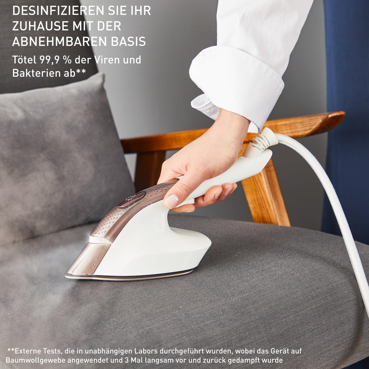 Tefal IXEO Vision All-in-One, aparat de aburire, cu tablă multifuncțională, eliberare de abur de până la 80 g/min, șoc de abur de 200 g/min, tehnologie LED integrată, bază detașabilă, Alb/Roz scorțișoară, QT1811E0