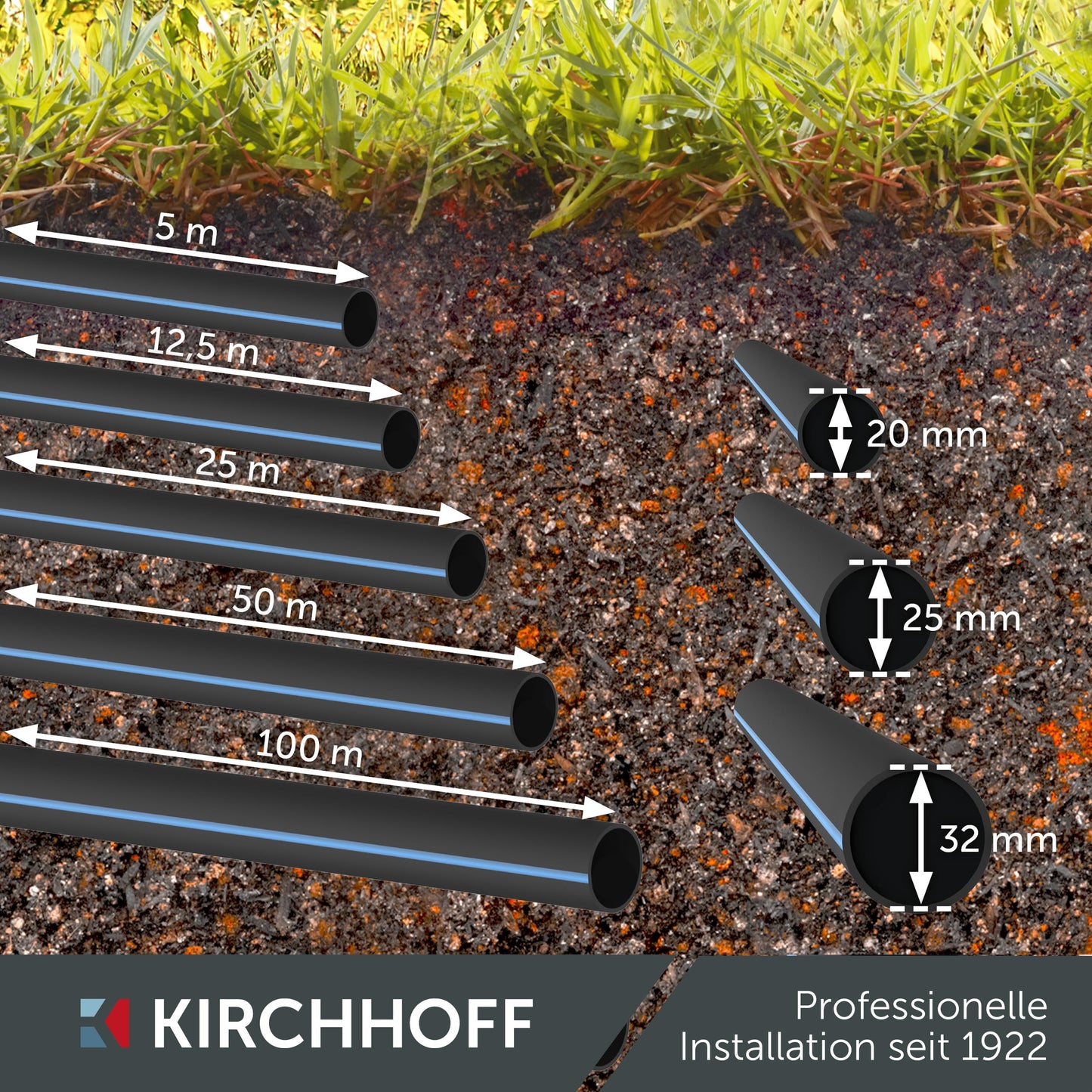 Kirchhoff water pipe for garden irrigation 32 mm x 50 m | PE pipe for sprinkler system | Installation pipe HDPE | DVGW | Drinking water pipe | Made in EU - 984829955