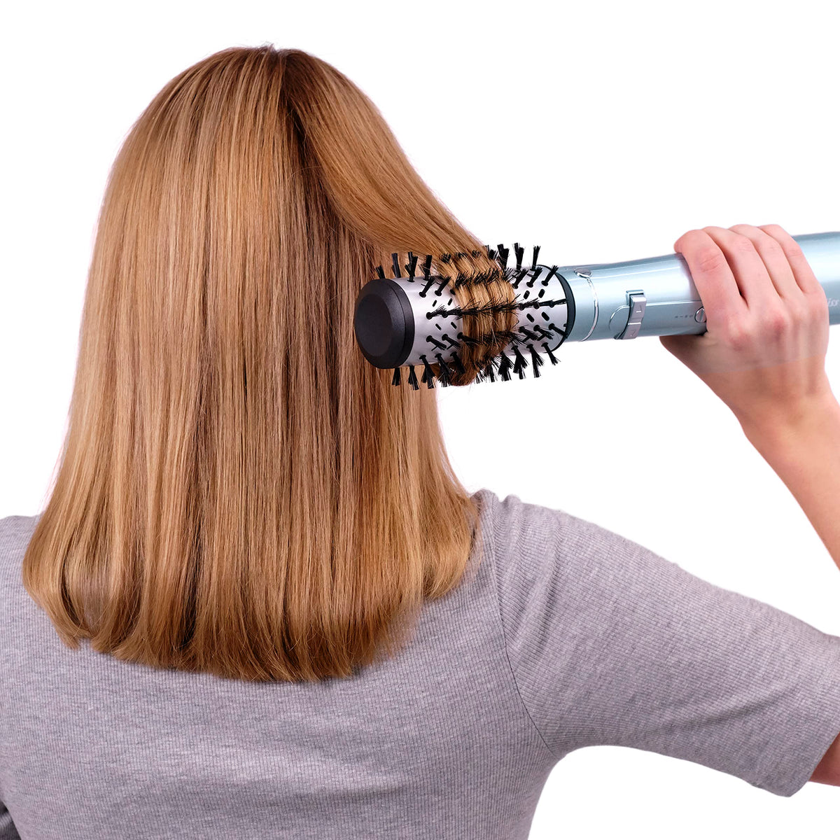BaByliss Hydro Fusion rotating hot air brush with anti-frizz technology provides moisture and shine, hair dryer brush with ion technology, 1 attachment for volume and fullness, ice blue, AS773E