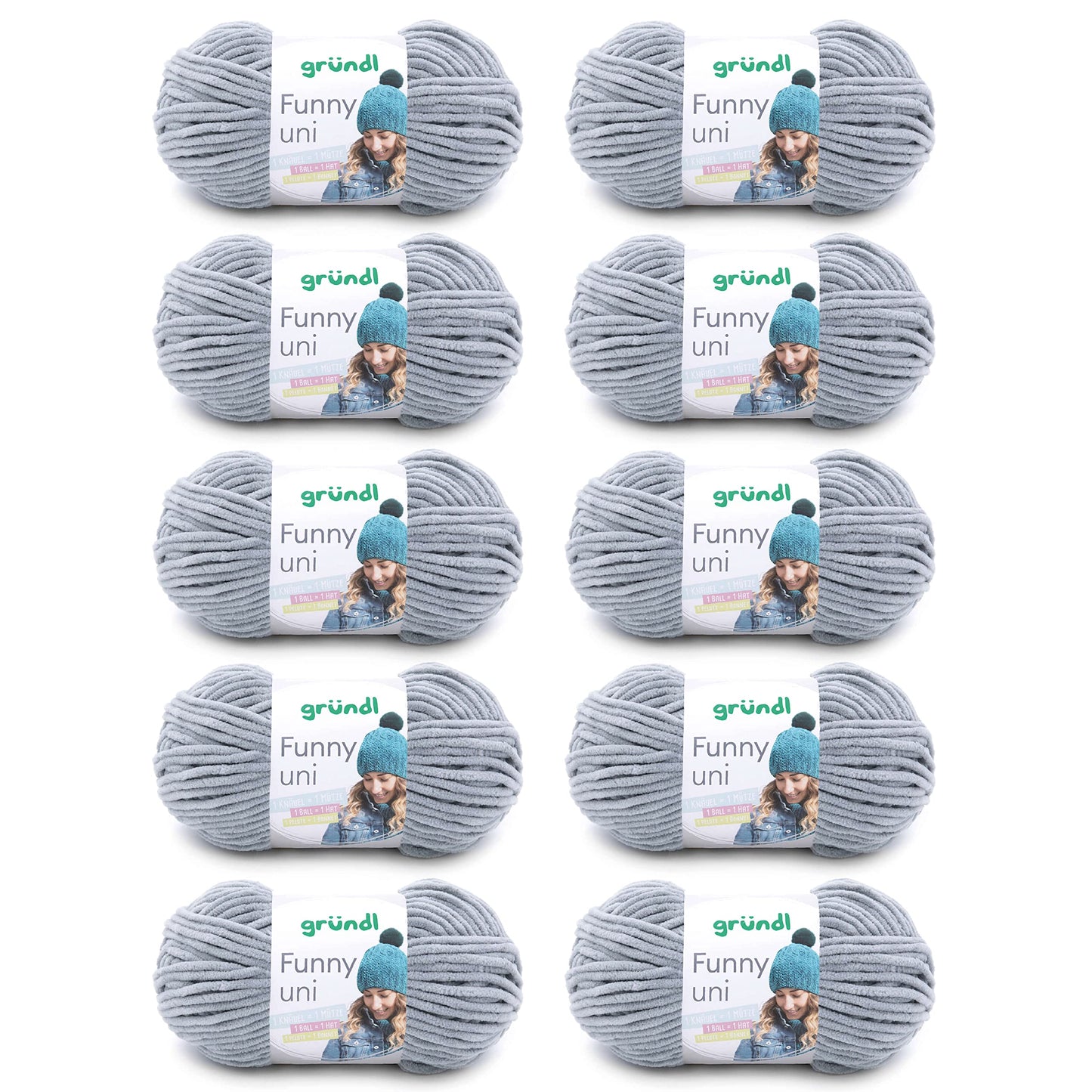 Gründl Wolle Funny uni - soft chenille wool for crocheting - cuddly and skin-friendly - 100% polyester - 10 balls 100 g / 120 m - needle size 5-6, light gray - 3442-07