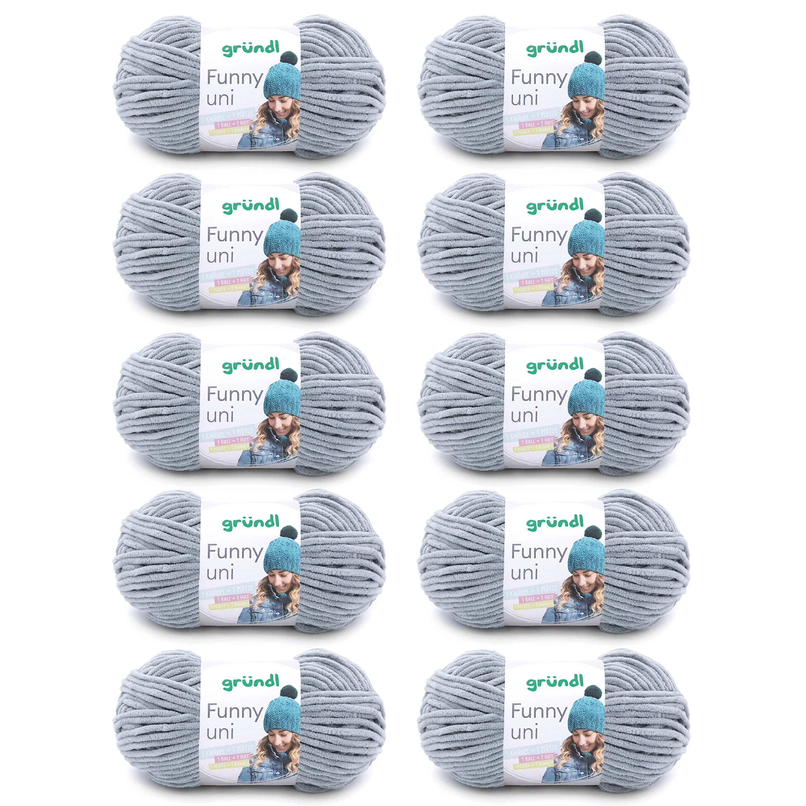 Gründl Wolle Funny uni - lână moale tip chenille pentru croșetat - pufoasă și delicată cu pielea - 100% poliester - 10 ghemuri de 100 g / 120 m - dimensiune croșetă 5-6, gri deschis - 3442-07