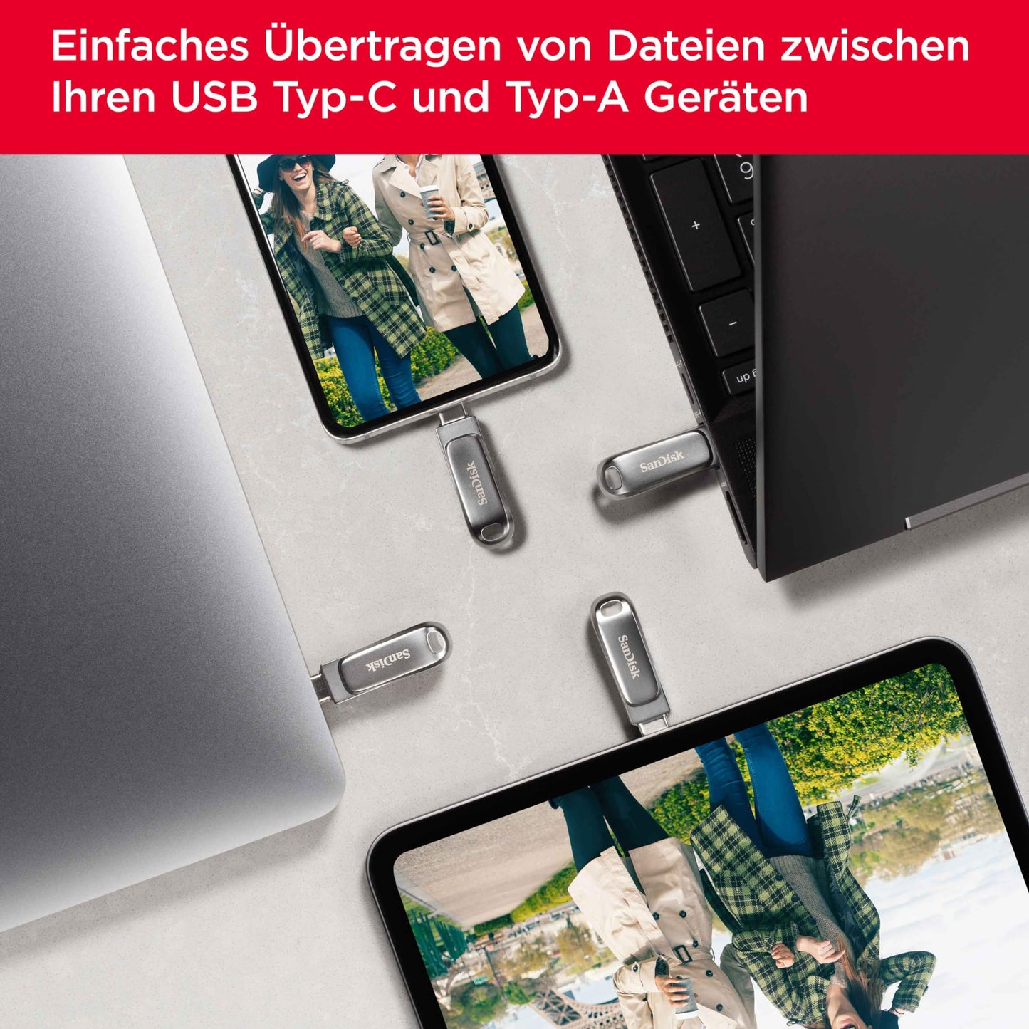 SANDISK Ultra Dual Drive Luxe USB Type-C & Type-A Drive, Smartphone Storage 1TB (Mobile Storage, USB 3.2 Gen 1, Rotating Design, 400MB/s Reading, USB Drive, Automatic Backup) Silver - SDDDC4-1T00-G46