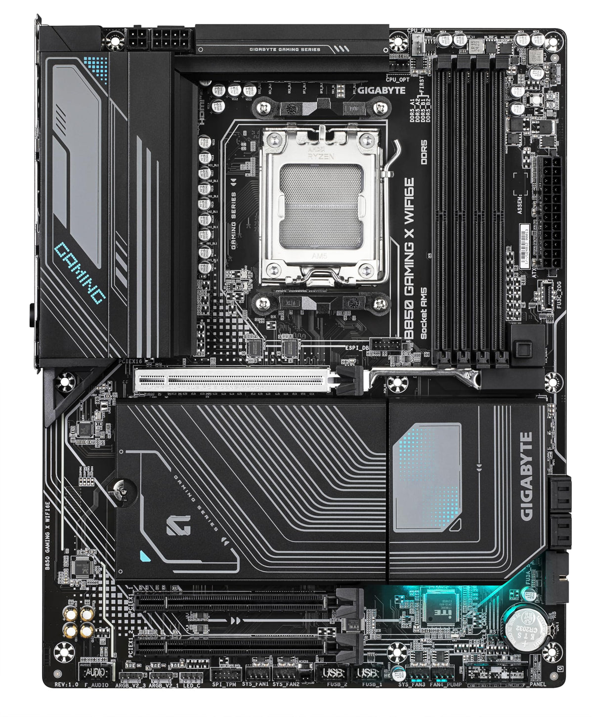 Placa de bază GIGABYTE B850 Gaming X WIFI6E - compatibilă cu procesoarele AMD Ryzen 9000, VRM digital cu 12+2+2 faze, suport pentru memorie DDR5 de până la 8200MHz (OC), 1xPCIe 5.0 + 2xPCIe 4.0 M.2, LAN de 2.5G, WiFi 6E, USB 3.2 Gen 2x2
