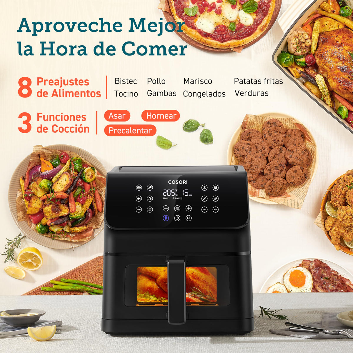 COSORI air fryer 6.2 liters with window, 1700 W, air fryer with 12 functions (baking and frying), one-touch display, time and temperature adjustable 75-205 ℃, 30 paper recipes & 50 online - CAF-P652-KEU
