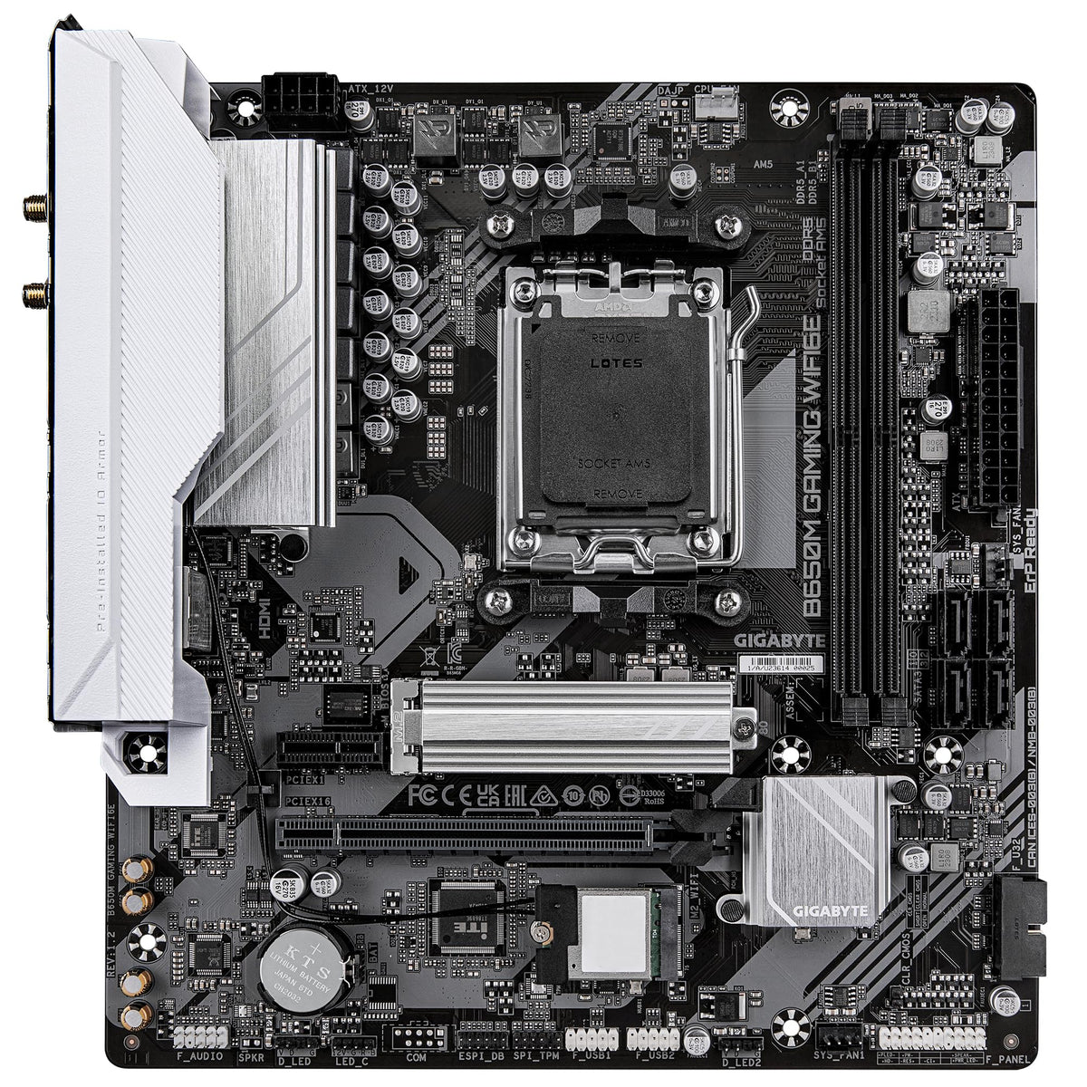 Placa de bază GIGABYTE B650M Gaming WIFI6E - compatibilă cu procesoarele AMD Ryzen 9000 Serie, 5+2+2 faze VRM, suport pentru memorie DDR5 de până la 6400 MHz (OC), 1xPCIe 4.0 M.2, LAN de 2,5 GbE, WiFi 6E, USB 3.2 Gen 1