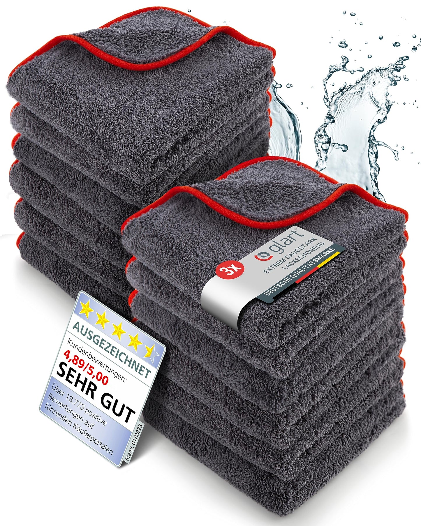 Glart 443TP4 Microfiber Cloths Set of 12 - 600 GSM - 40x40 cm - Fluffy Car Polishing Cloths for Drying & Care - Ultra Soft, Lint-Free & Absorbent - For Car Care, Motorcycle, Boat & Household