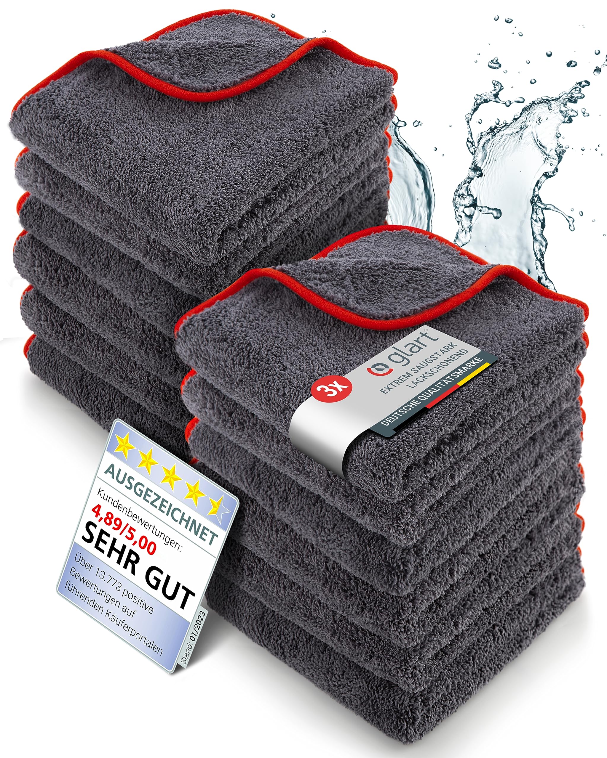 Glart 443TP4 Microfiber Cloths Set of 12 - 600 GSM - 40x40 cm - Fluffy Car Polishing Cloths for Drying & Care - Ultra Soft, Lint-Free & Absorbent - For Car Care, Motorcycle, Boat & Household