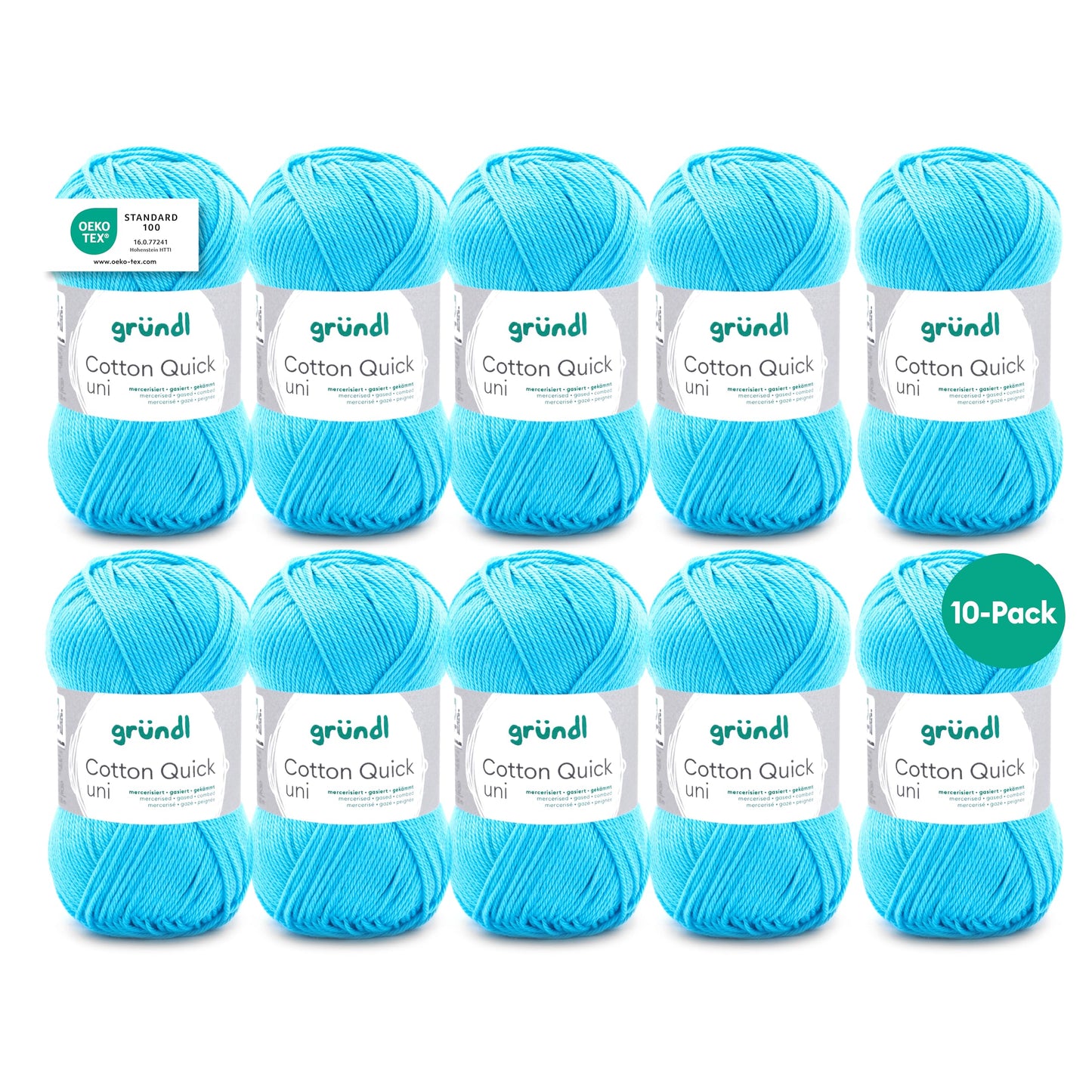 Gründl Wolle Cotton Quick uni - thin wool for crocheting - knitting yarn - crochet yarn - shiny and skin-friendly - 100% cotton - 10 balls 50 g / 125 m - needle size 3-4 - water blue - 865-136