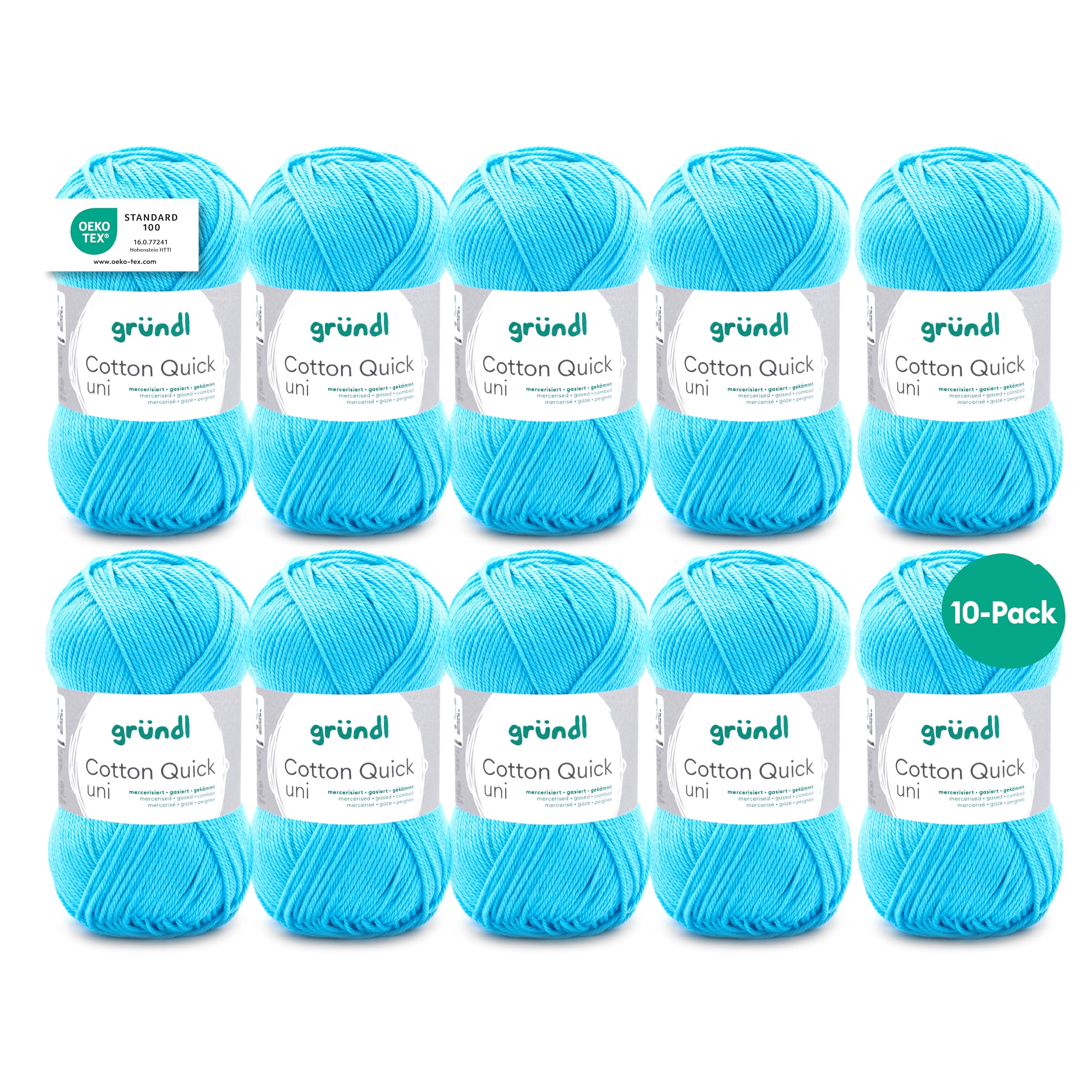 Gründl Wolle Cotton Quick uni - thin wool for crocheting - knitting yarn - crochet yarn - shiny and skin-friendly - 100% cotton - 10 balls 50 g / 125 m - needle size 3-4 - water blue - 865-136