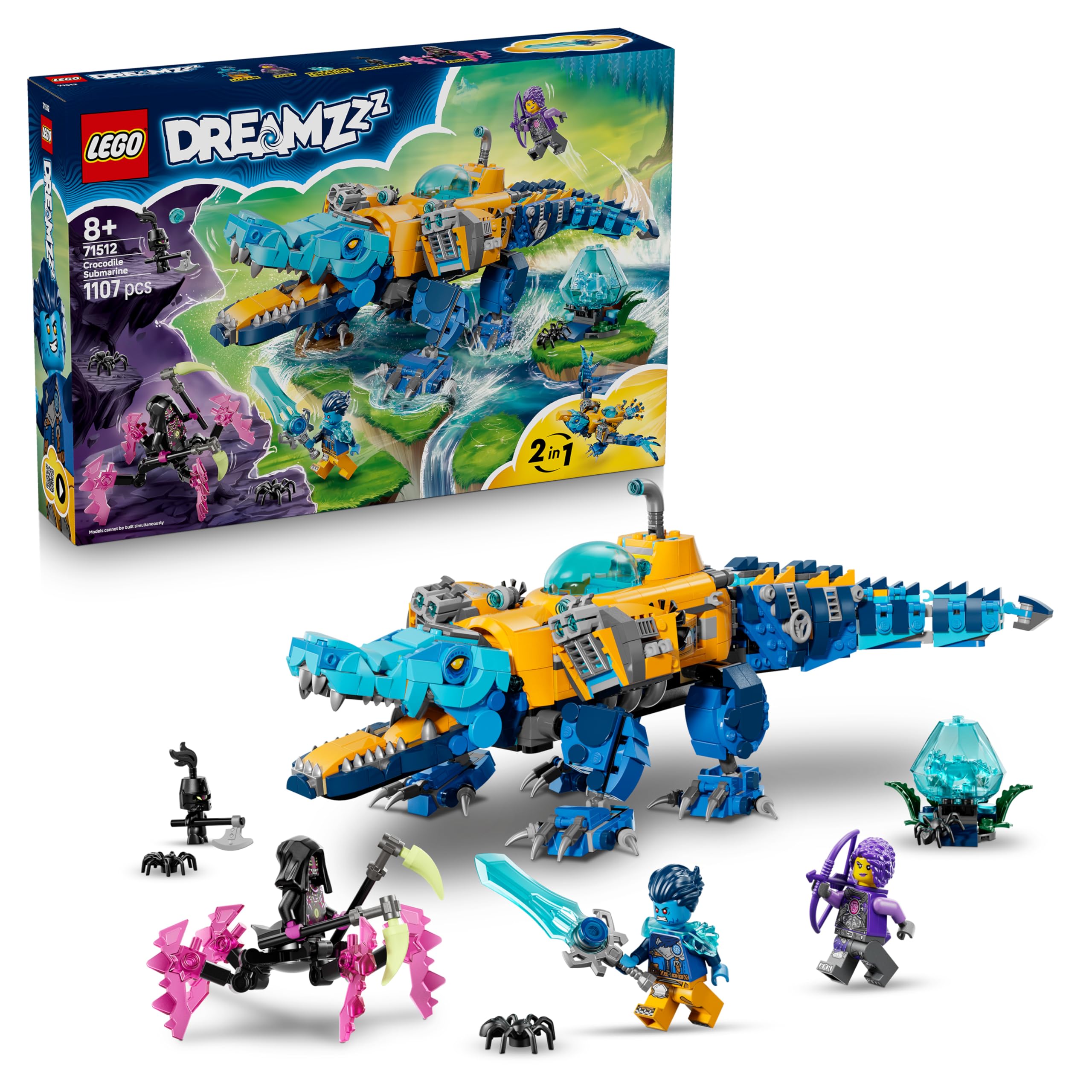 LEGO DREAMZzz 2in1 crocodile submarine - toy convertible into eagle submarine - including 3 minifigures, 2 spiders and a collectible blue treasure creature - gift for boys aged 8 and over - 71512