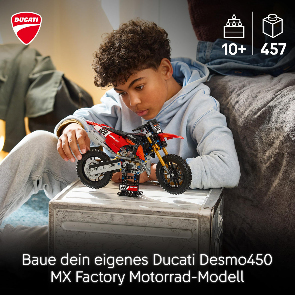 LEGO Technic Ducati Desmo450 MX Factory Motorcycle Model Kit - With motorcycle toy featuring steering & suspension - Desk decoration - Collectible gift for boys aged 10 and up - 42238