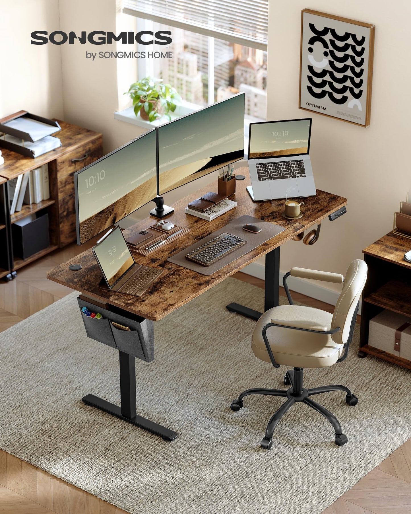 SONGMICS Electric height-adjustable desk, 160 x 70 cm, infinitely adjustable, memory function with 4 heights, vintage brown LSD136K01