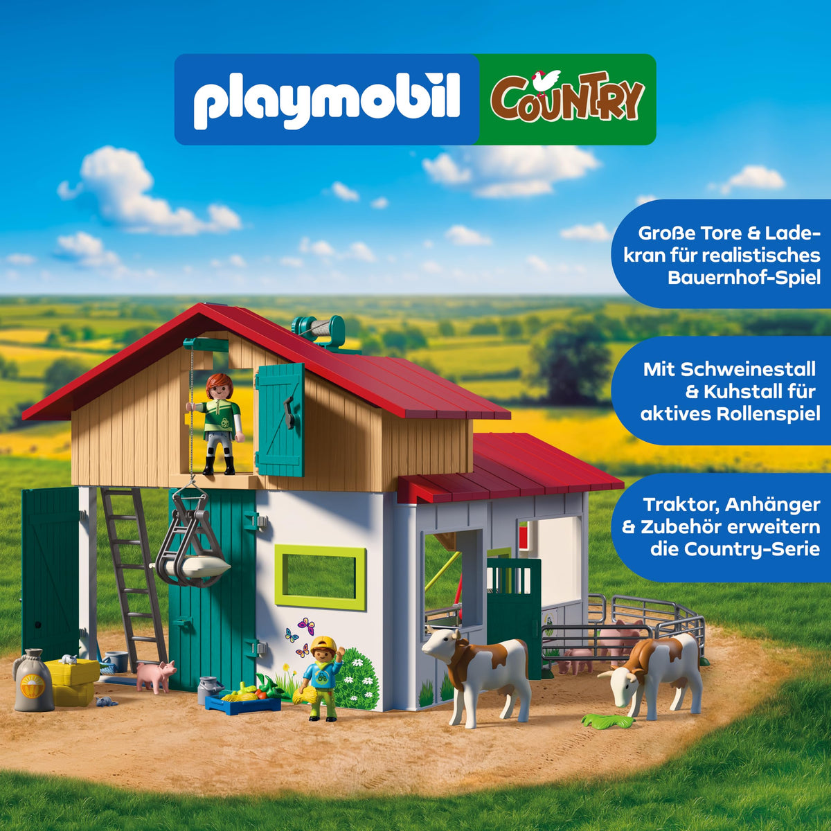 PLAYMOBIL | Țară | Ferma mare | Set de joacă cu macara, grajduri, multe animale și accesorii variate | Pentru copii de la 4 ani | 72160