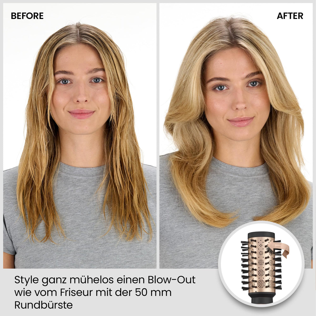BaByliss Big Hair Dual Perie rotativă cu aer cald – Tehnologie cu ioni pentru anti-frizz, accesorii de 50mm și 40mm, 2 direcții de rotație, 2 setări de temperatură + buton de aer rece, champagne, AS952E