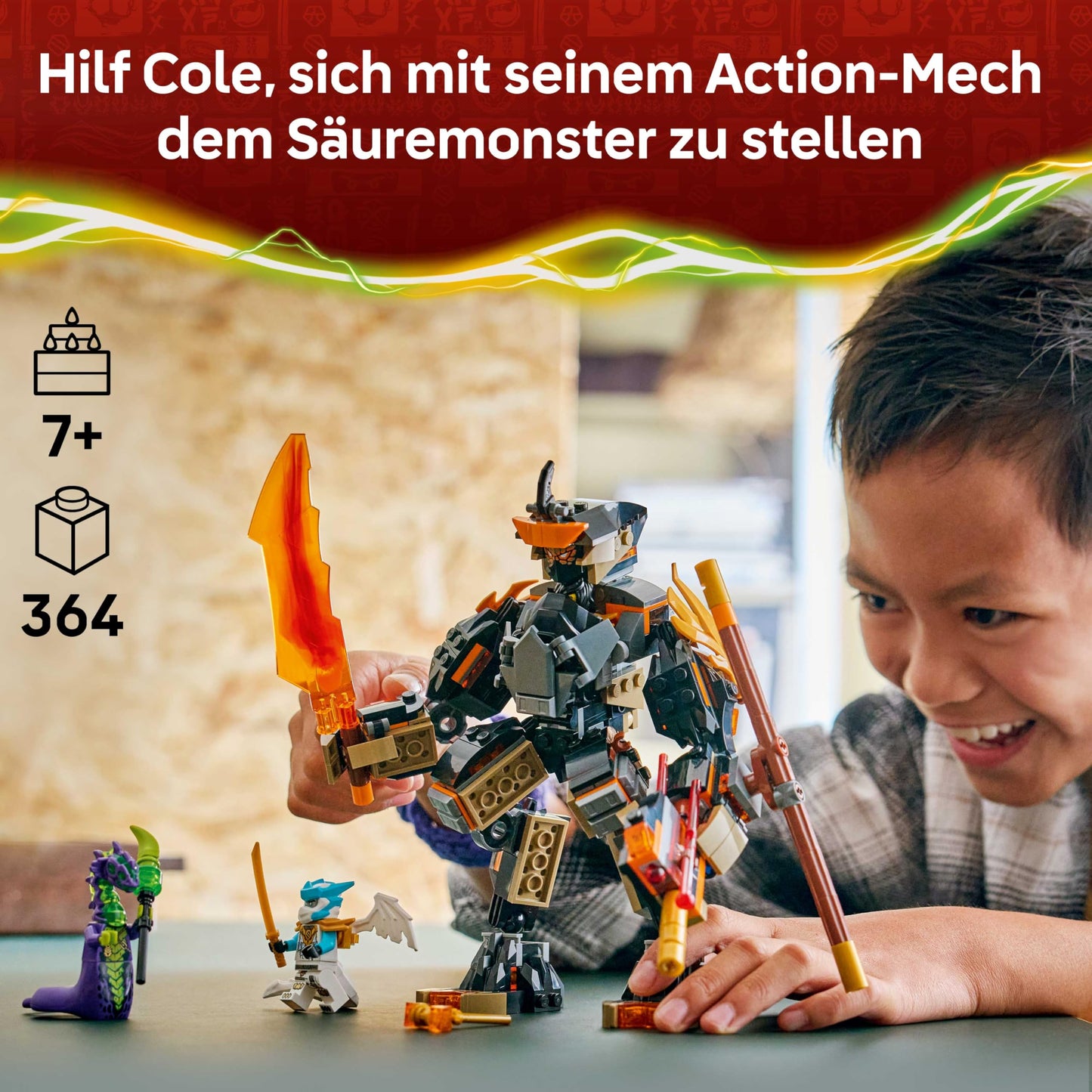LEGO NINJAGO Coles Action Mech and Dragon Zane - Ninja toy for boys and girls - Model building with action figure, 3 minifigures and swords - Gift for children aged 7 and up - 71854