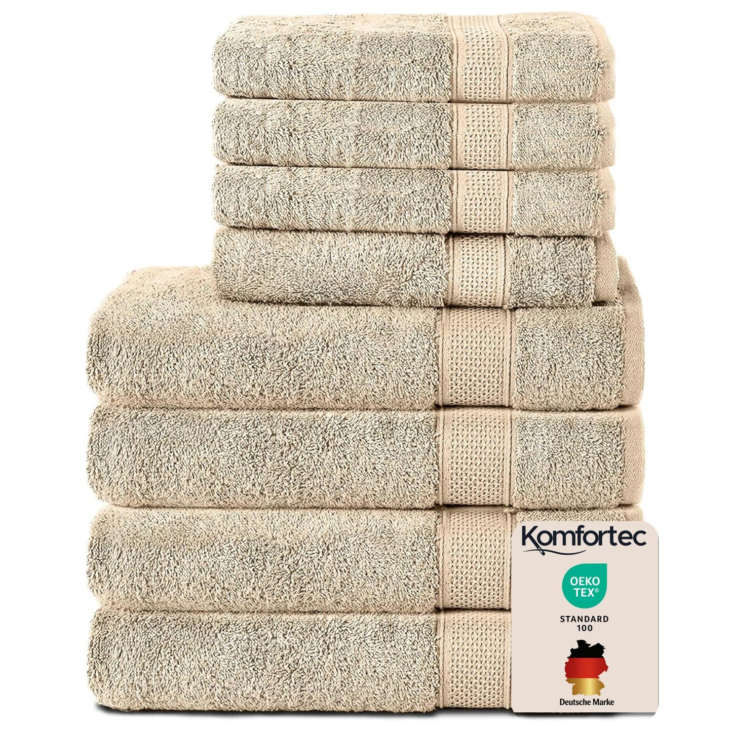 Komfortec set of 8 towels, 4 bath towels 70x140 cm & 4 hand towels 50x100 cm, 100% cotton terry cloth, fluffy and absorbent, sand/beige - 4er-50x100-und-4er-70x140-beige-amz