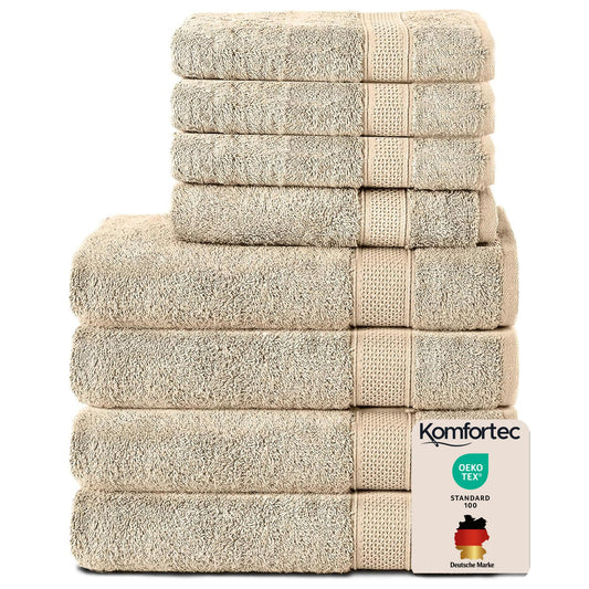 Set 8 prosoape Komfortec, 4 prosoape de baie 70x140 cm și 4 prosoape de mâini 50x100 cm, frotir 100% bumbac, pufoase și absorbante, nisip/bej - 4er-50x100-und-4er-70x140-beige-amz