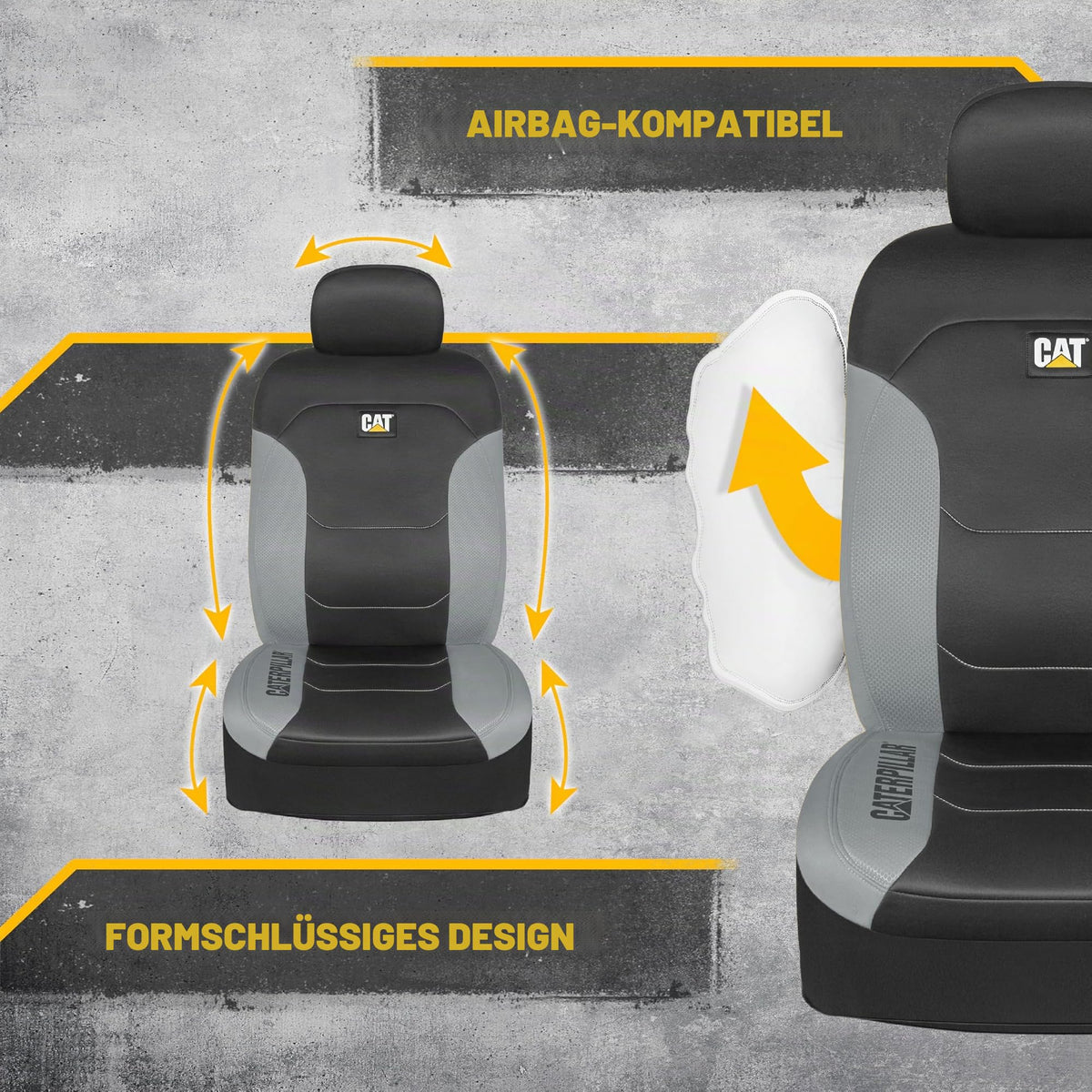 Caterpillar Flexfit Huse de scaun auto pentru autoturisme, camioane și SUV-uri, negru, huse pentru scaunele din față, protecții pentru scaune cu detalii în gri, huse interioare auto, set de 2. - CASC-2274-GR