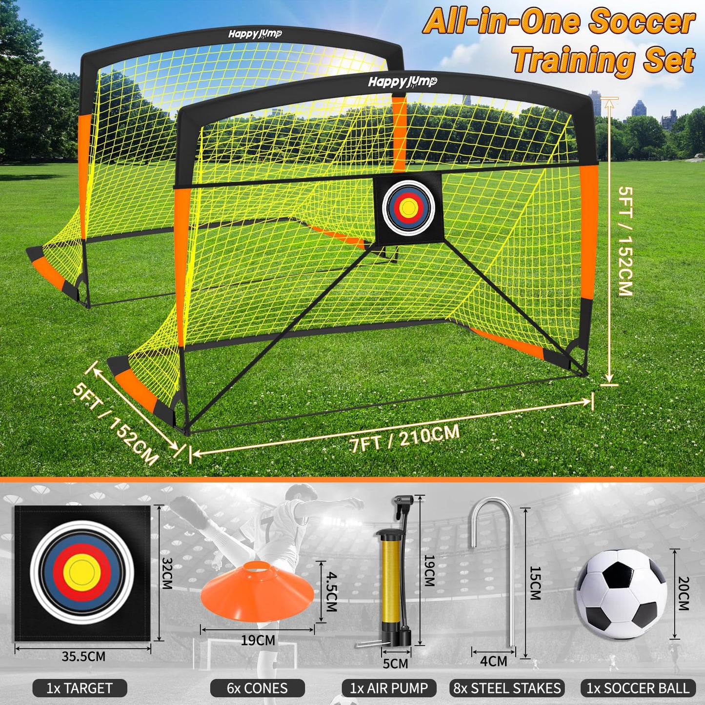 Happy Jump Pop-Up Football Goals - 213x152 cm, 2 goals, black orange with ball, pump, cone & target | Complete training set for garden & family - Z2500600BQ1