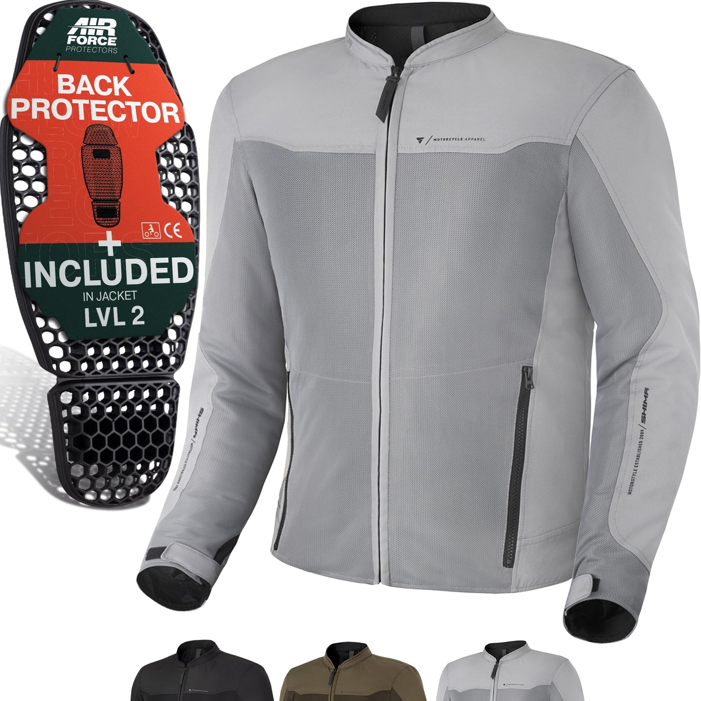 SHIMA OpenAir Motorcycle Jacket Men with Protectors AirForce Back Protector Motorcycle Jacket Summer Mesh Ventilated Textile Jacket Protective Jackets Protector Jacket Airy (Men, Grey, L) - OPENAIR
