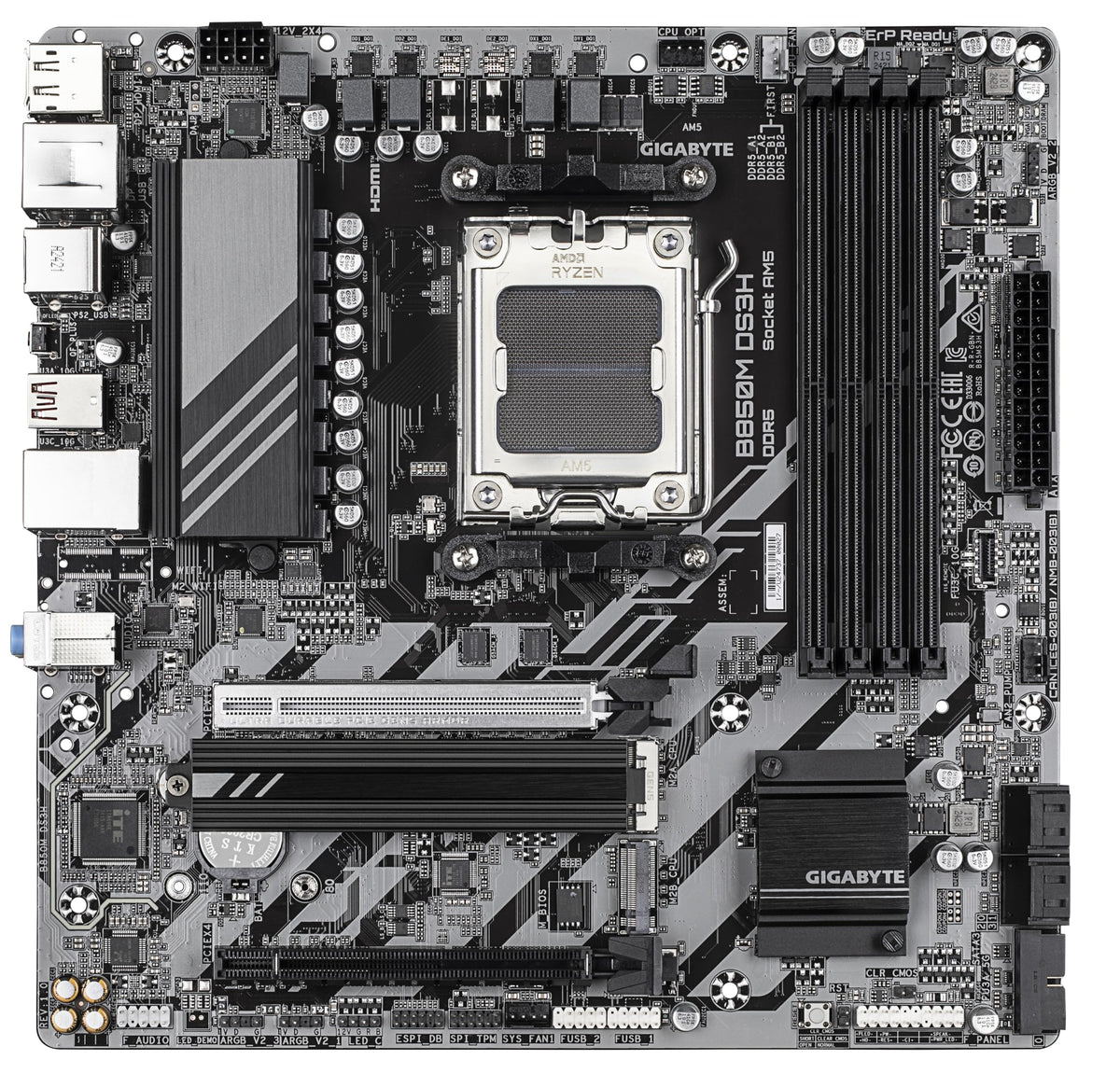 GIGABYTE B850M DS3H Motherboard - Compatible with AMD Ryzen 9000 Series CPUs, featuring a 16+2+2 Phase Digital VRM, supports up to 8200MHz DDR5 (OC), 1x PCIe 5.0 + 1x PCIe 4.0 M.2, 2.5 LAN, and USB 3.2 Gen 2.