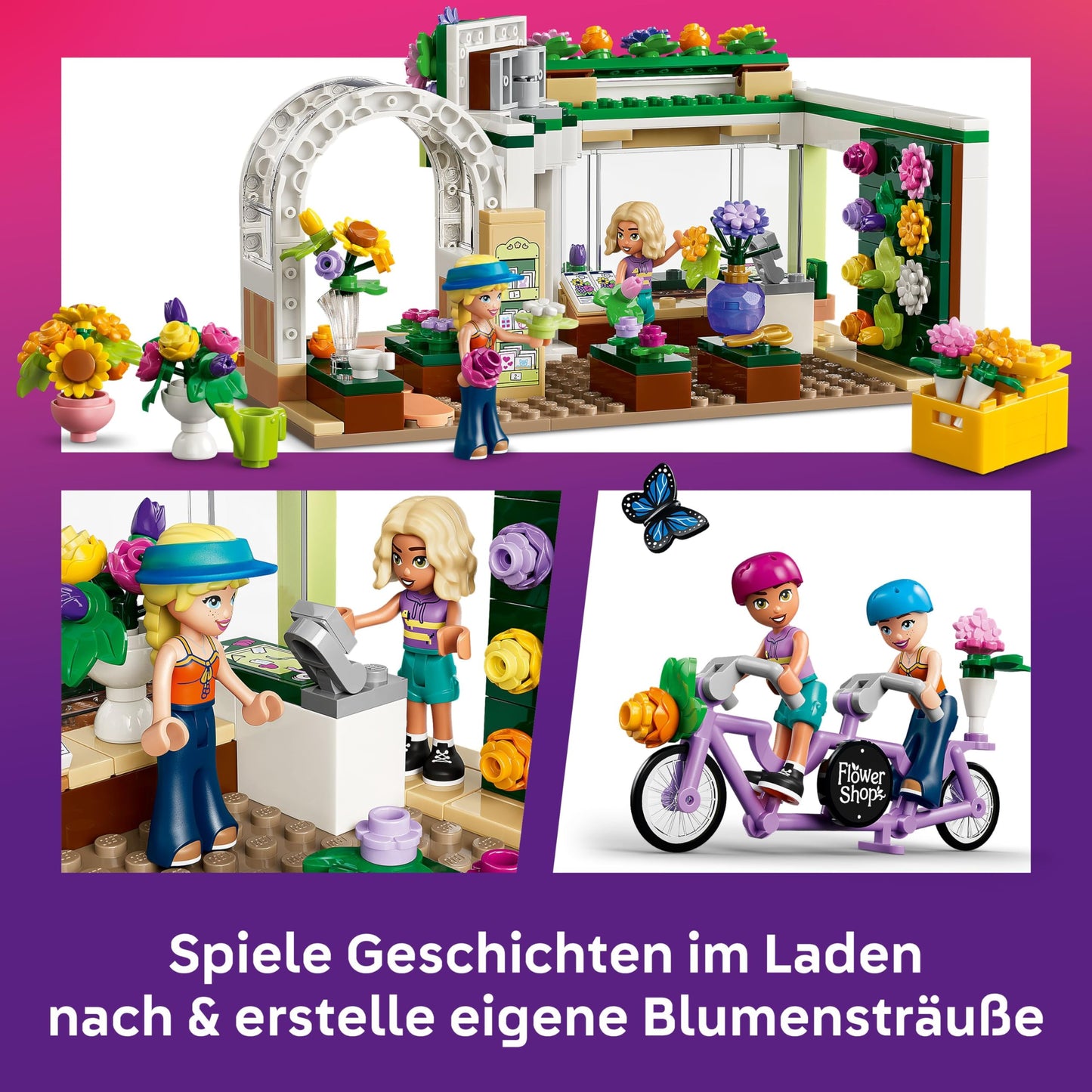 LEGO Friends Creative Flower Shop - Miniature playset with artificial flowers, vases & bouquets, 2 minifigures, bicycle & accessories - Children's room decoration - Gift idea for girls aged 7 and up - 42693